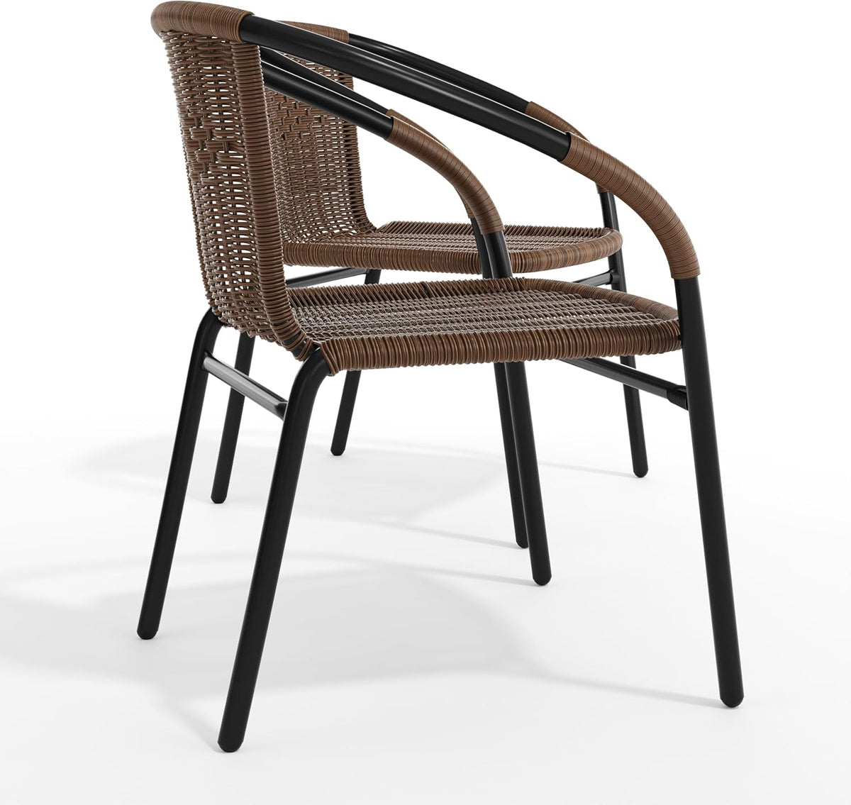 Close angled view of two stacked brown rattan chairs highlighting woven seat and curved arm.