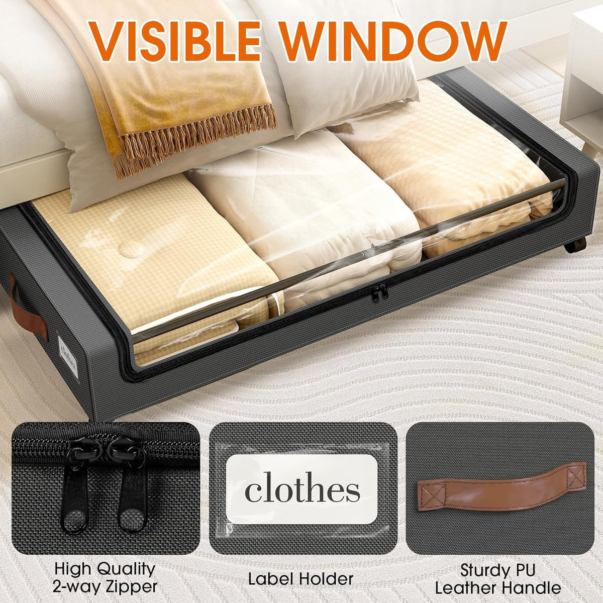 Close-up of clear front window, label holder and PU leather handle on a dark grey underbed storage organizer