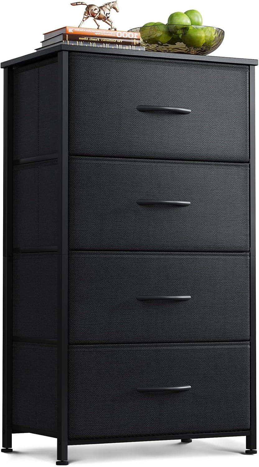 Black narrow 4-drawer fabric dresser front view with wood top and metal frame