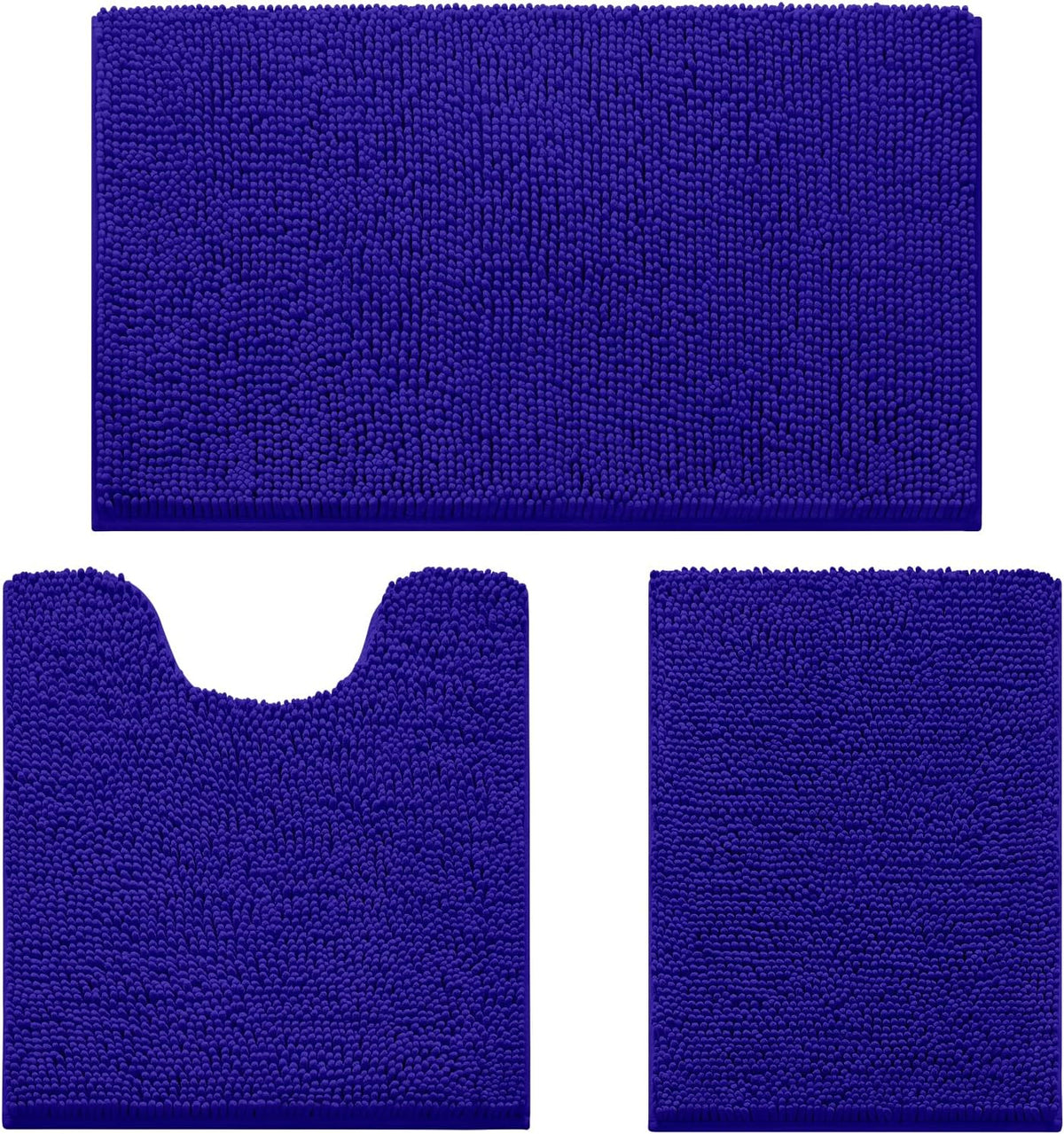 Three-piece chenille bathroom rug set in deep purple arranged on white background