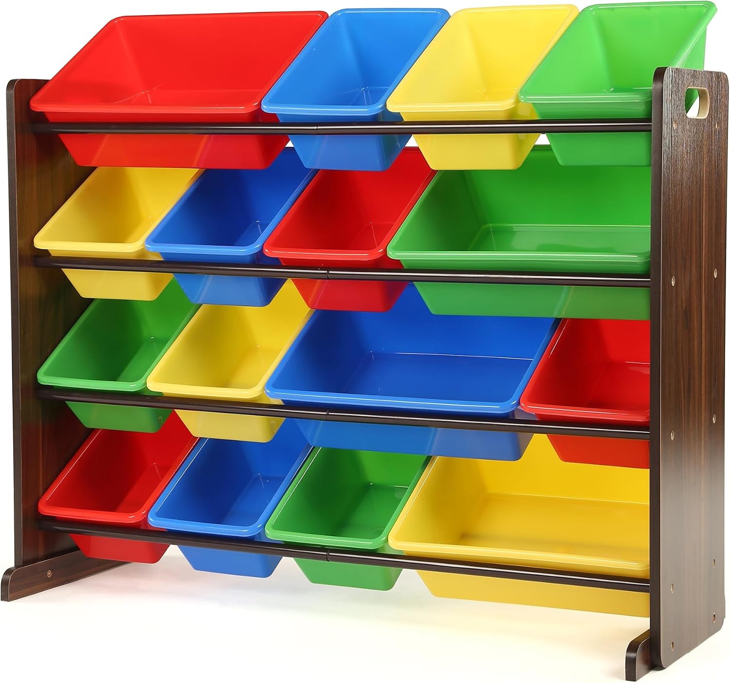 Front view of a four-tier wooden toy organizer filled with 16 red, blue, yellow, and green plastic bins.