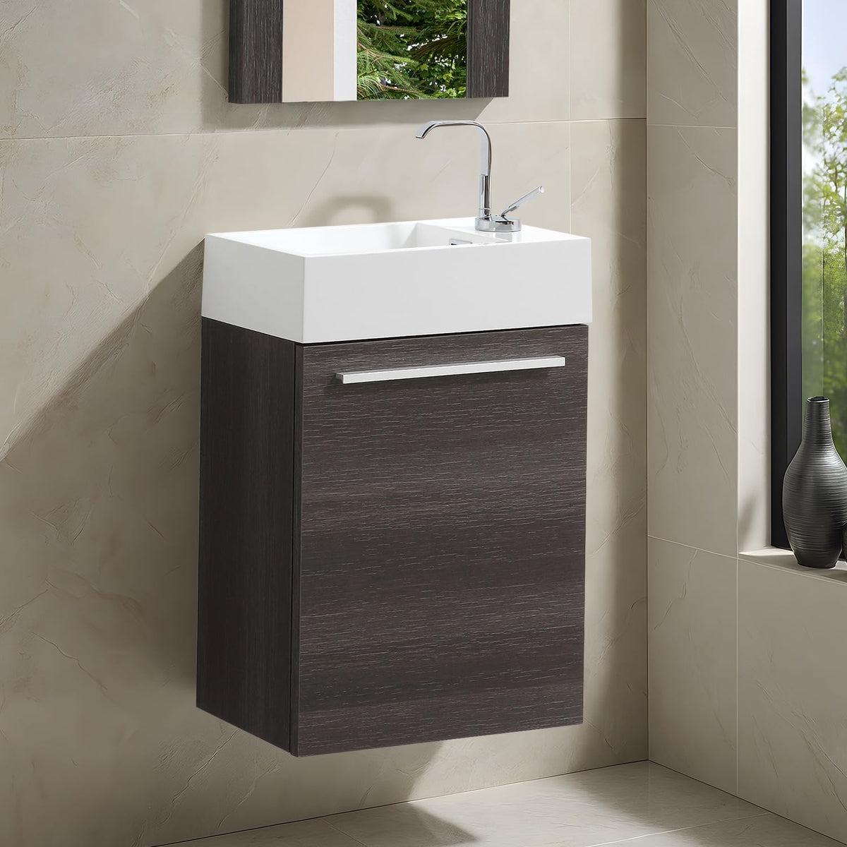 Wall-mounted dark wood vanity with a rectangular white sink and chrome faucet in a tiled corner.