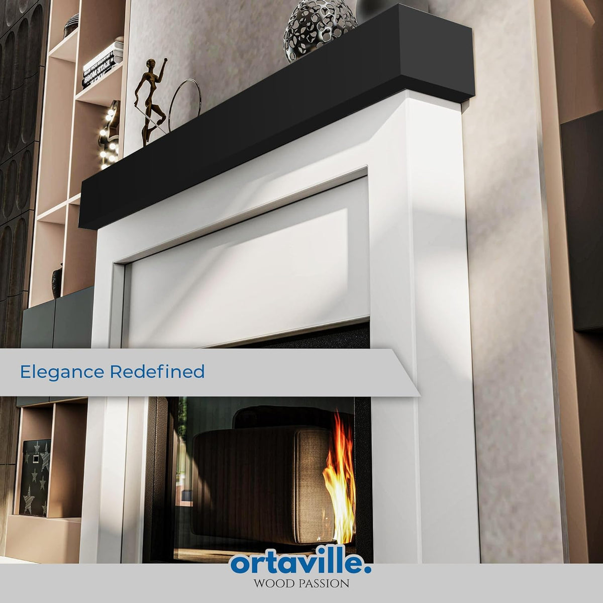 Angled close view of a black floating mantel sitting above a white fireplace surround