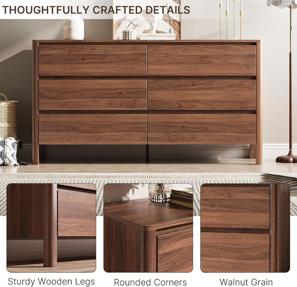 Front close-up of walnut dresser highlighting rounded corners, walnut grain and sturdy wooden legs
