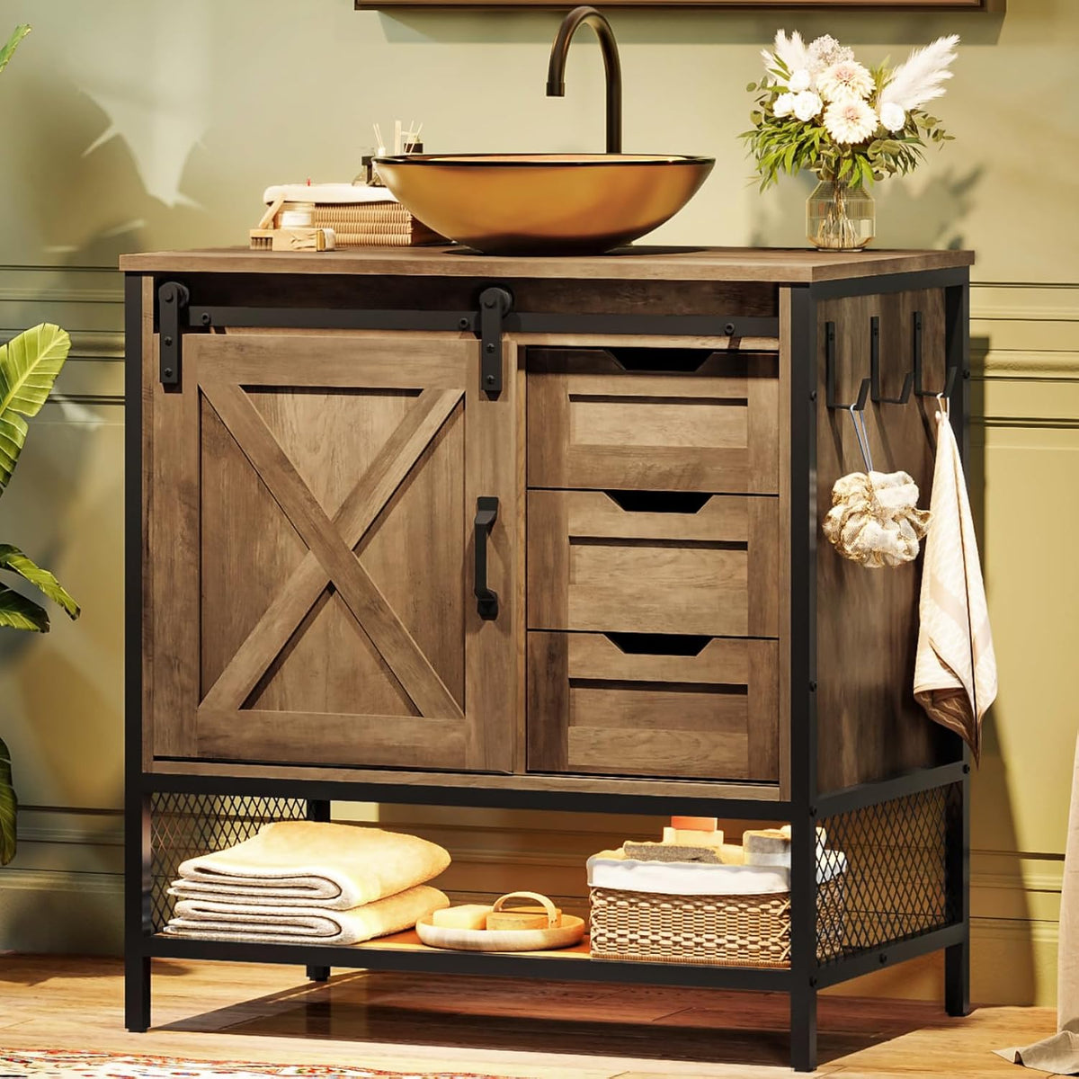 Rustic brown farmhouse bathroom vanity with sliding barn door, vessel sink and open bottom shelf, front angle