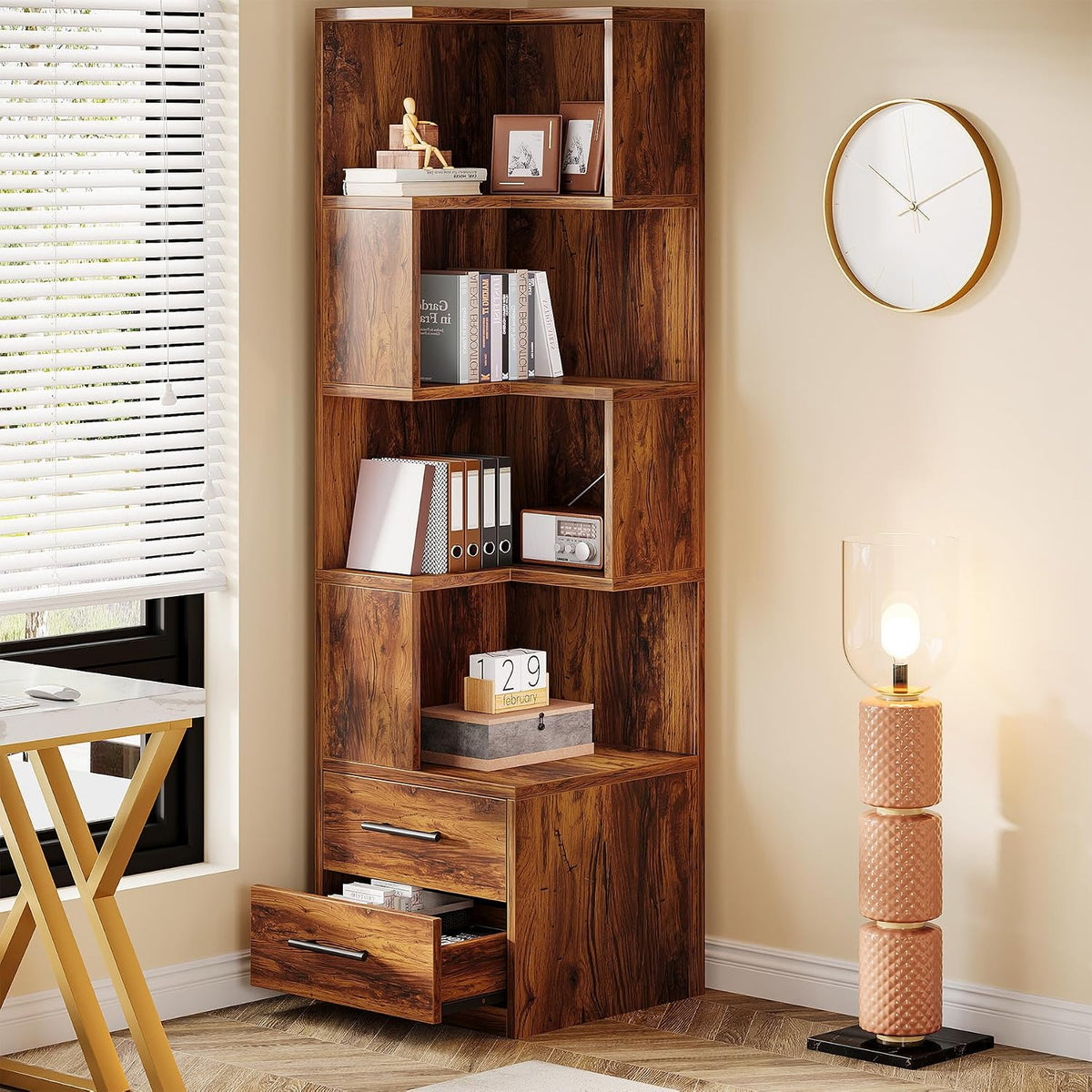 Same L-shaped corner bookshelf in a warm wood finish placed beside a desk and lamp.