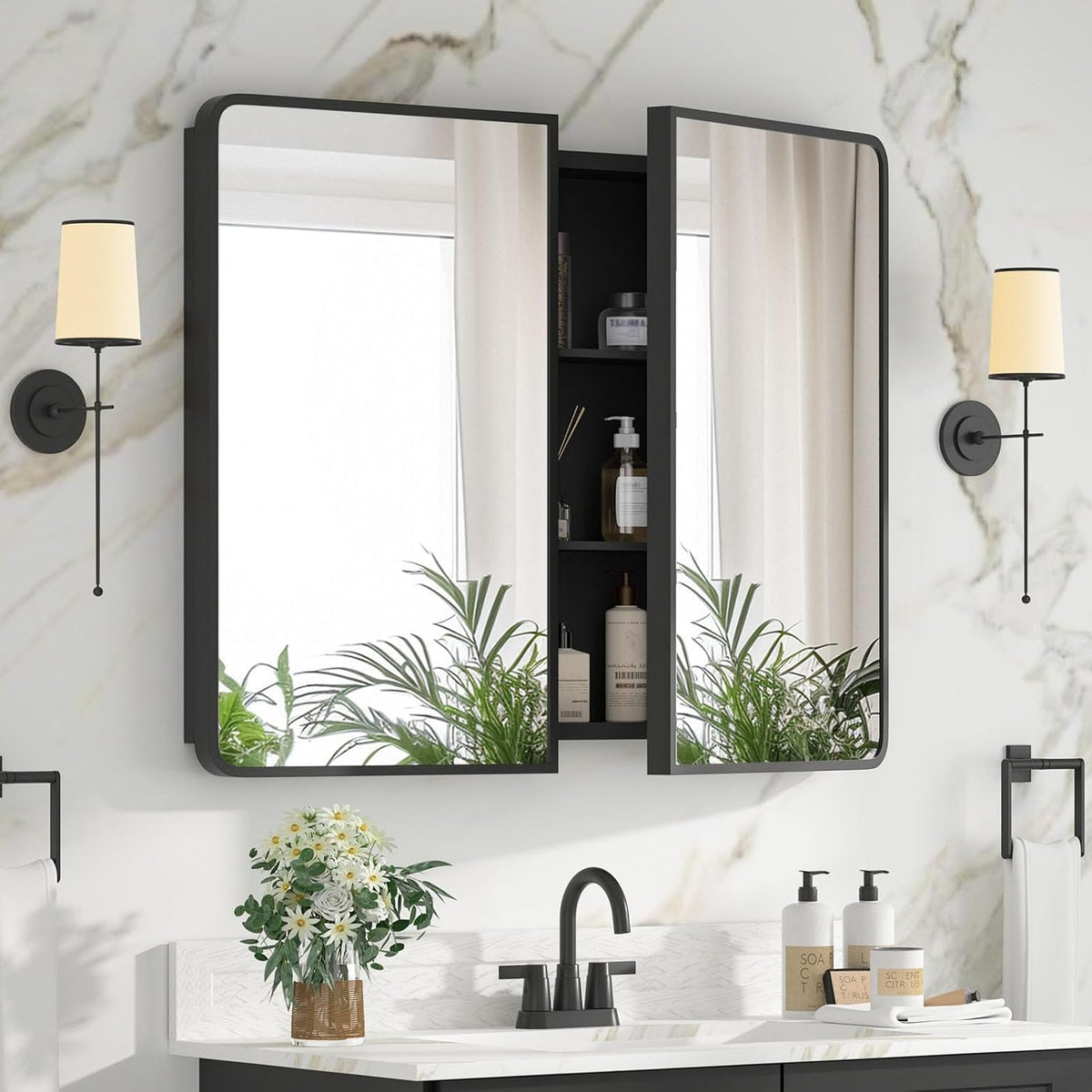Wide view with both mirrored doors slightly open revealing a central recessed shelf column and mirrored panels.