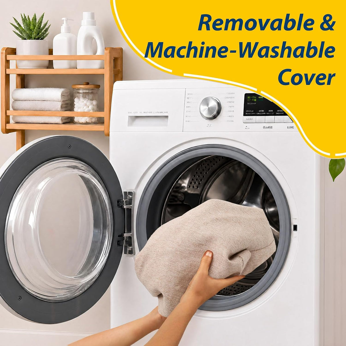Hands placing an oatmeal beige cushion into the drum of a front-load washing machine