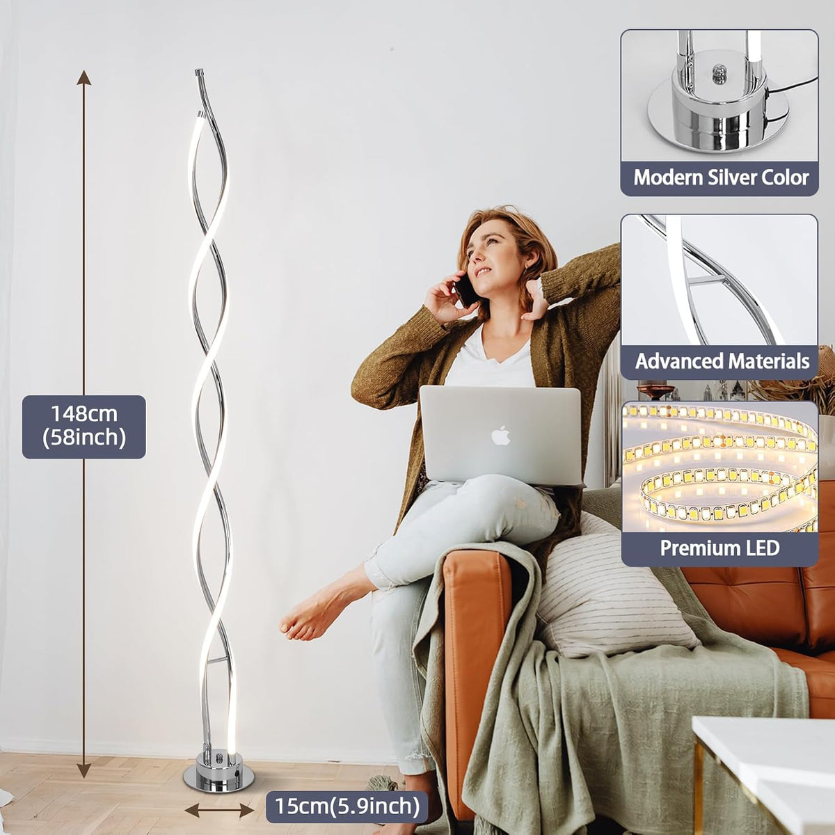 58-inch spiral LED floor lamp with height and 5.9-inch base callouts pictured beside a seated woman
