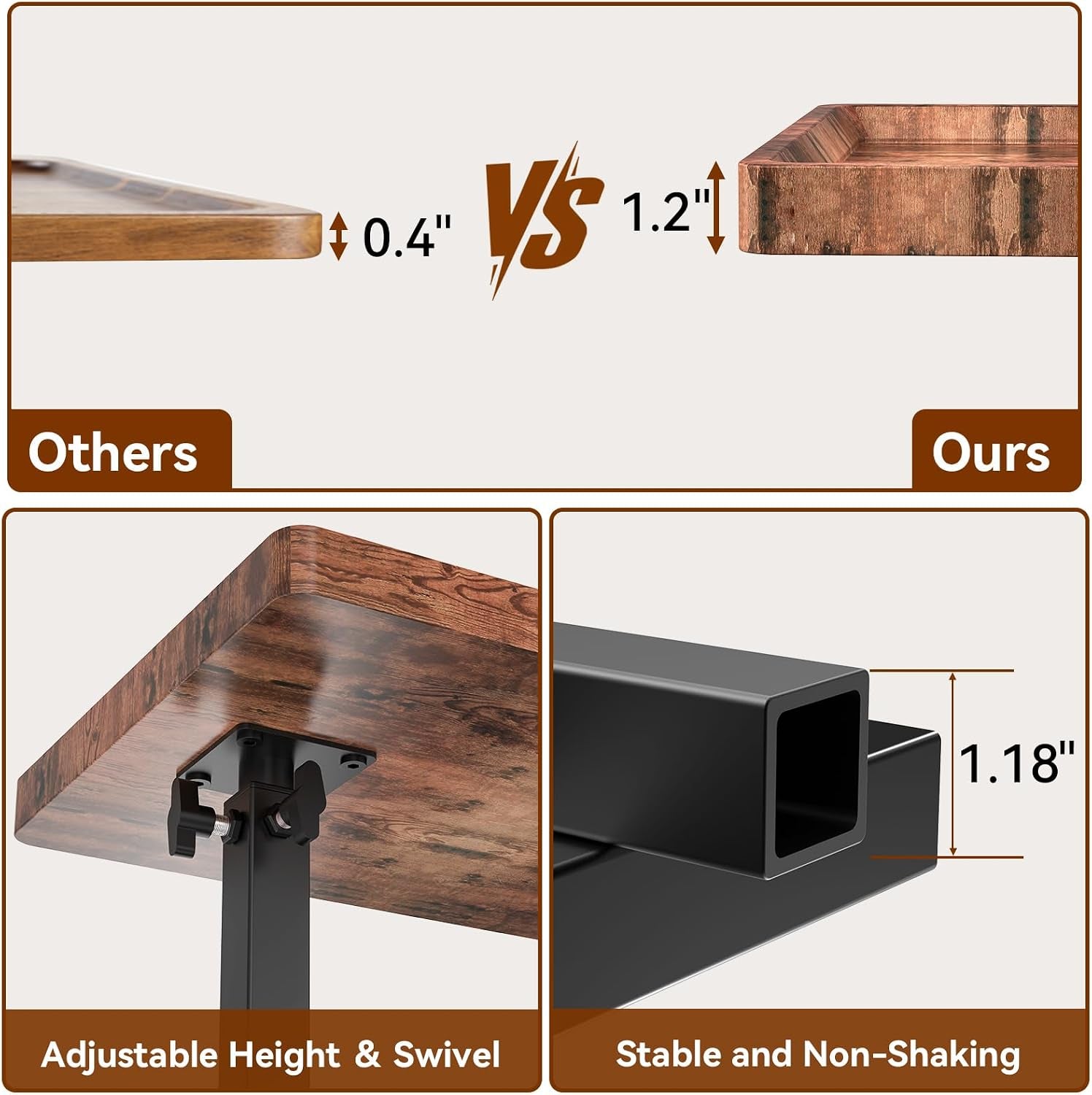 Composite image: top panel compares a thin wood top (left) with a thicker tray-style wood top (right); lower-left shows the