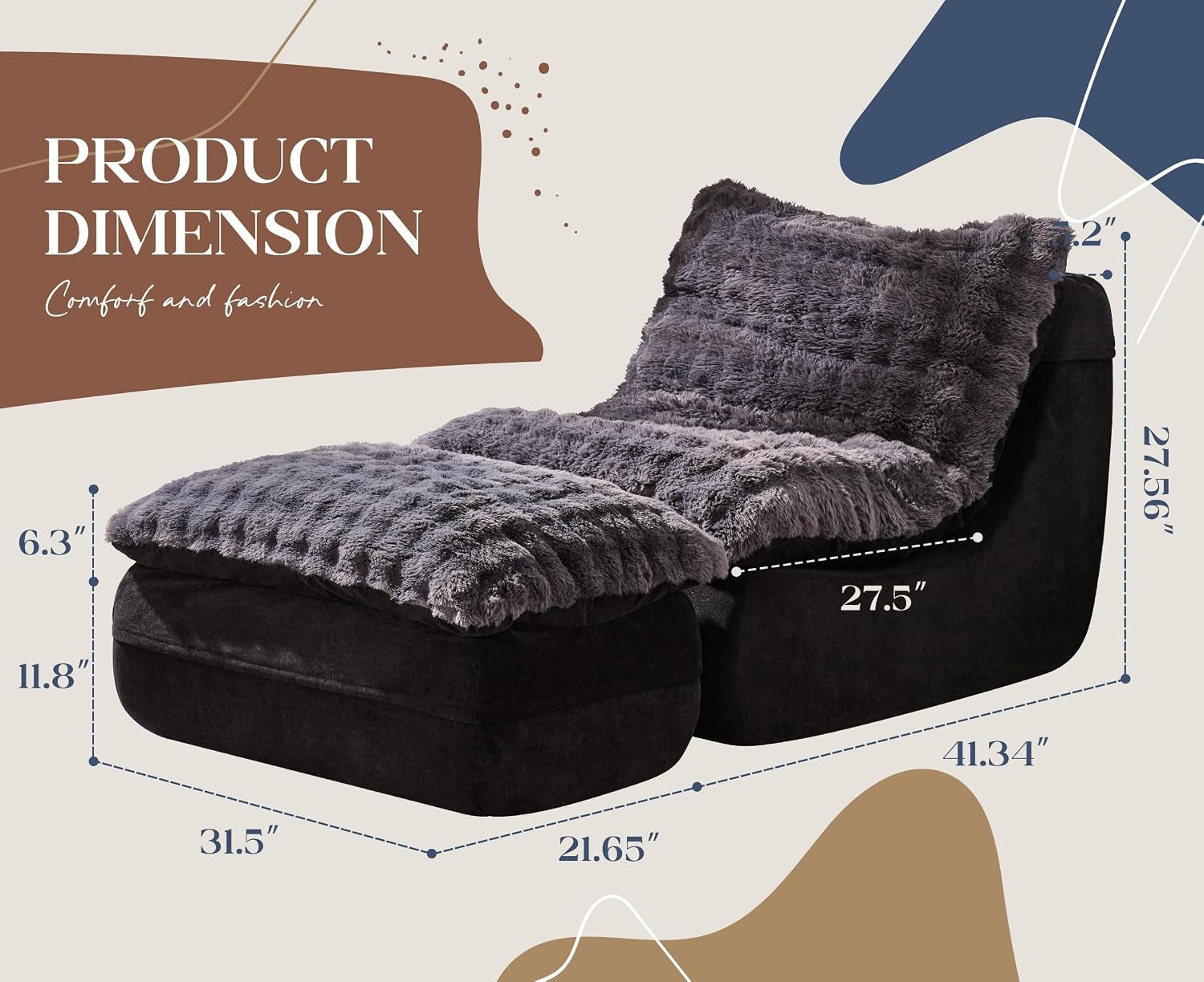 Three-quarter view of the chaise and ottoman on a beige background with dashed lines showing measurements.