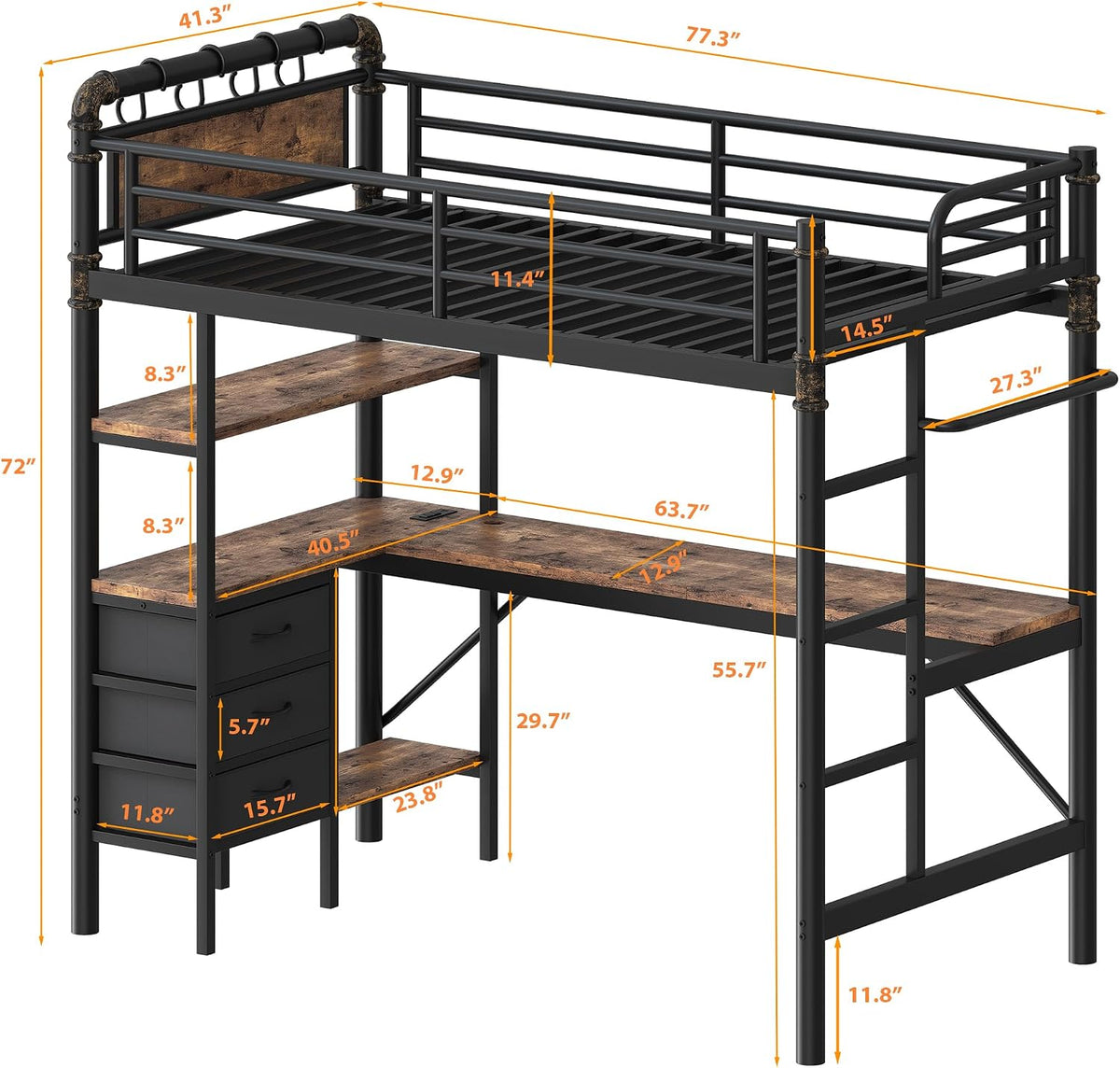 Angled product diagram of the metal loft bed with orange measurement lines showing overall and component dimensions.