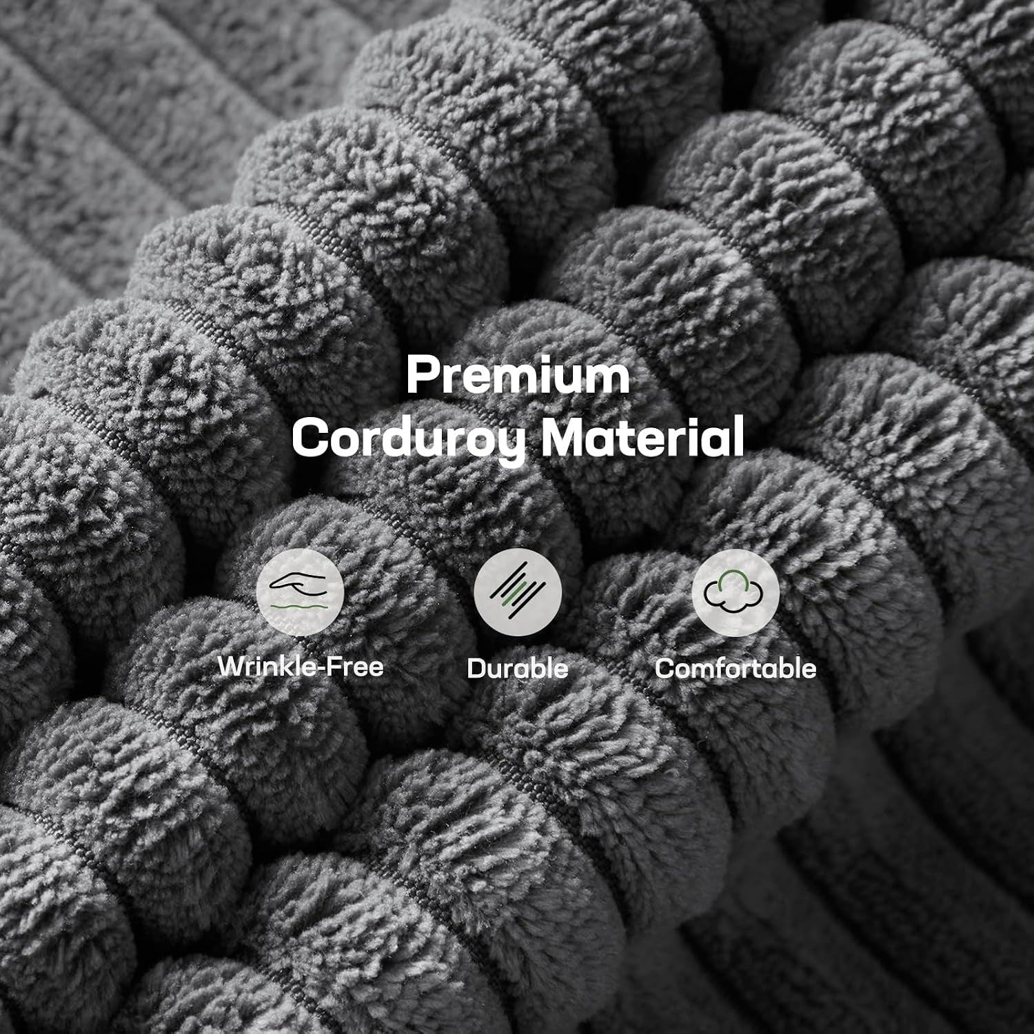 Close-up of soft corduroy fabric ribs and plush texture in a tight macro shot.