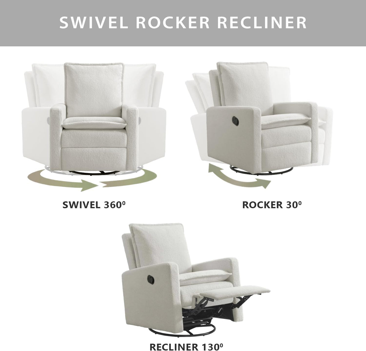 Three-panel graphic showing the chair swiveling, rocking, and reclining with footrest extended.