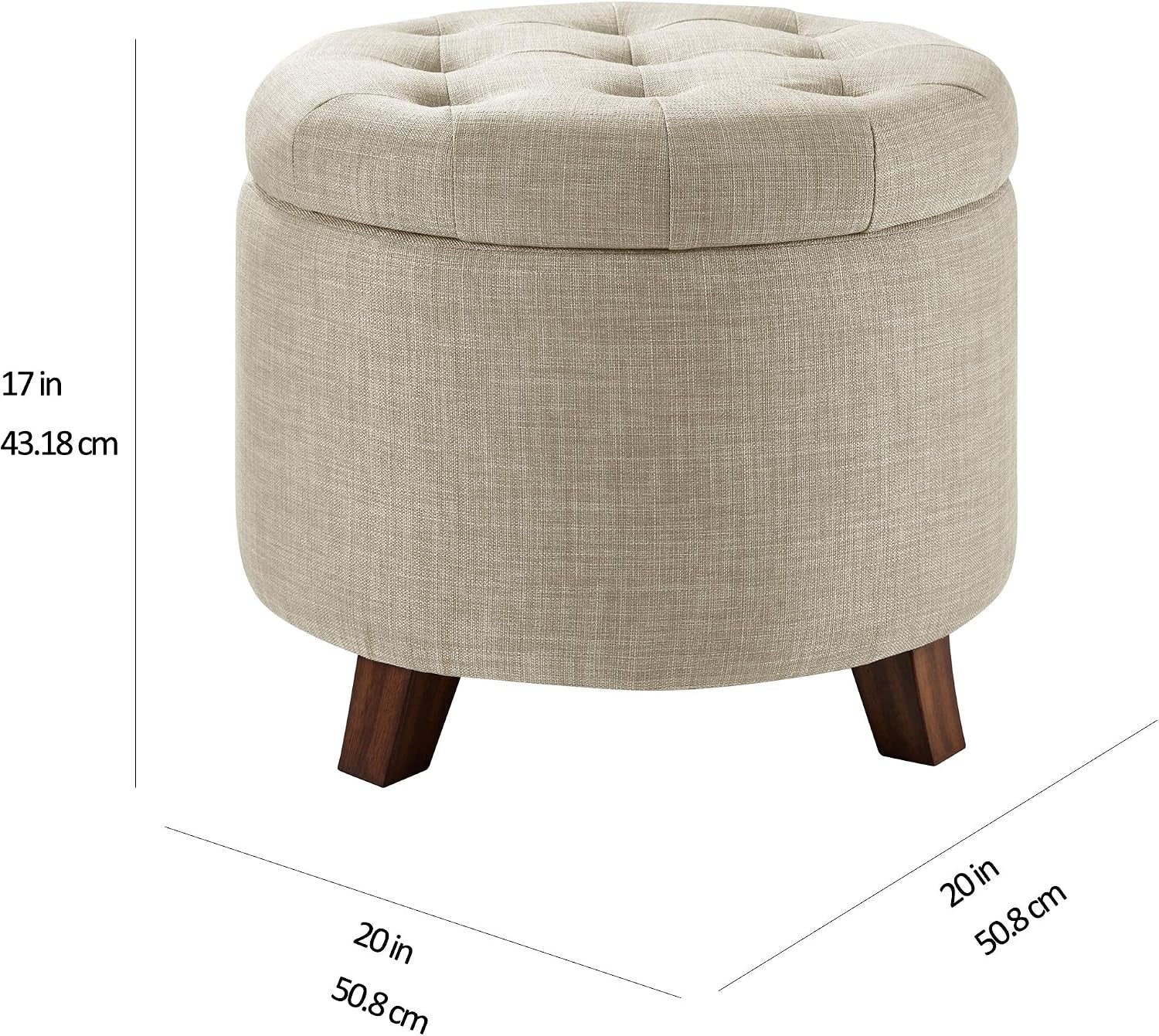 Round storage ottoman with dimension lines showing 20 in width and 17 in height, front view