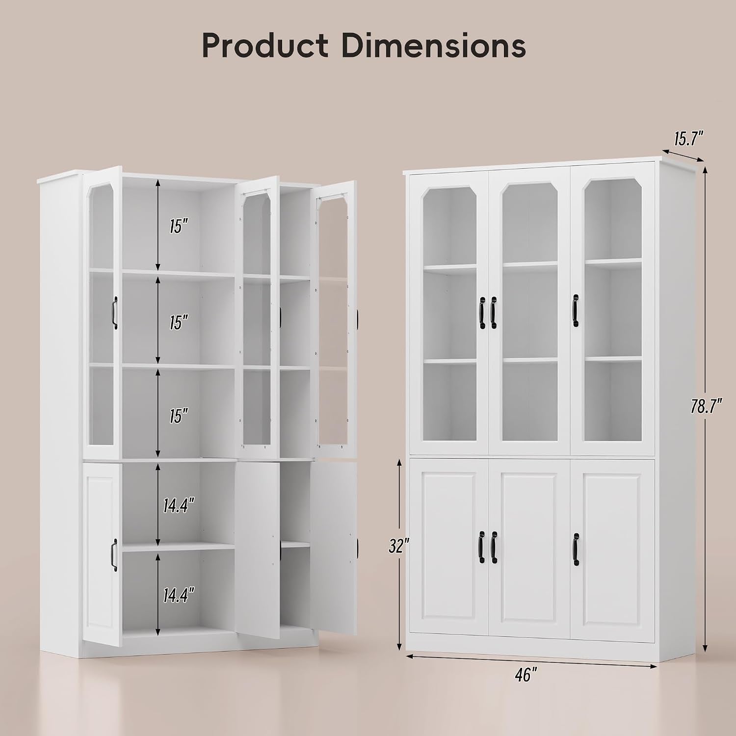 Dimension diagram showing 78.7" height, 46" width, 15.7" depth and interior shelf spacing for the cabinet