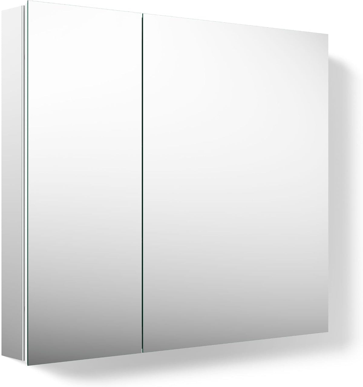 Front-facing view of a two-door mirrored medicine cabinet with a narrow vertical gap between the mirrored panels.