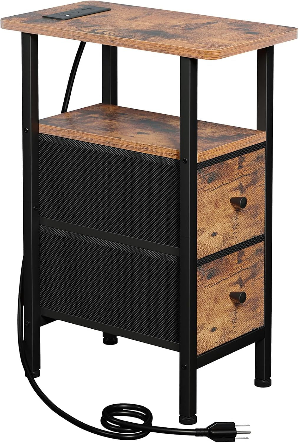 Front view of wood-effect narrow table variant with three drawers and wood top