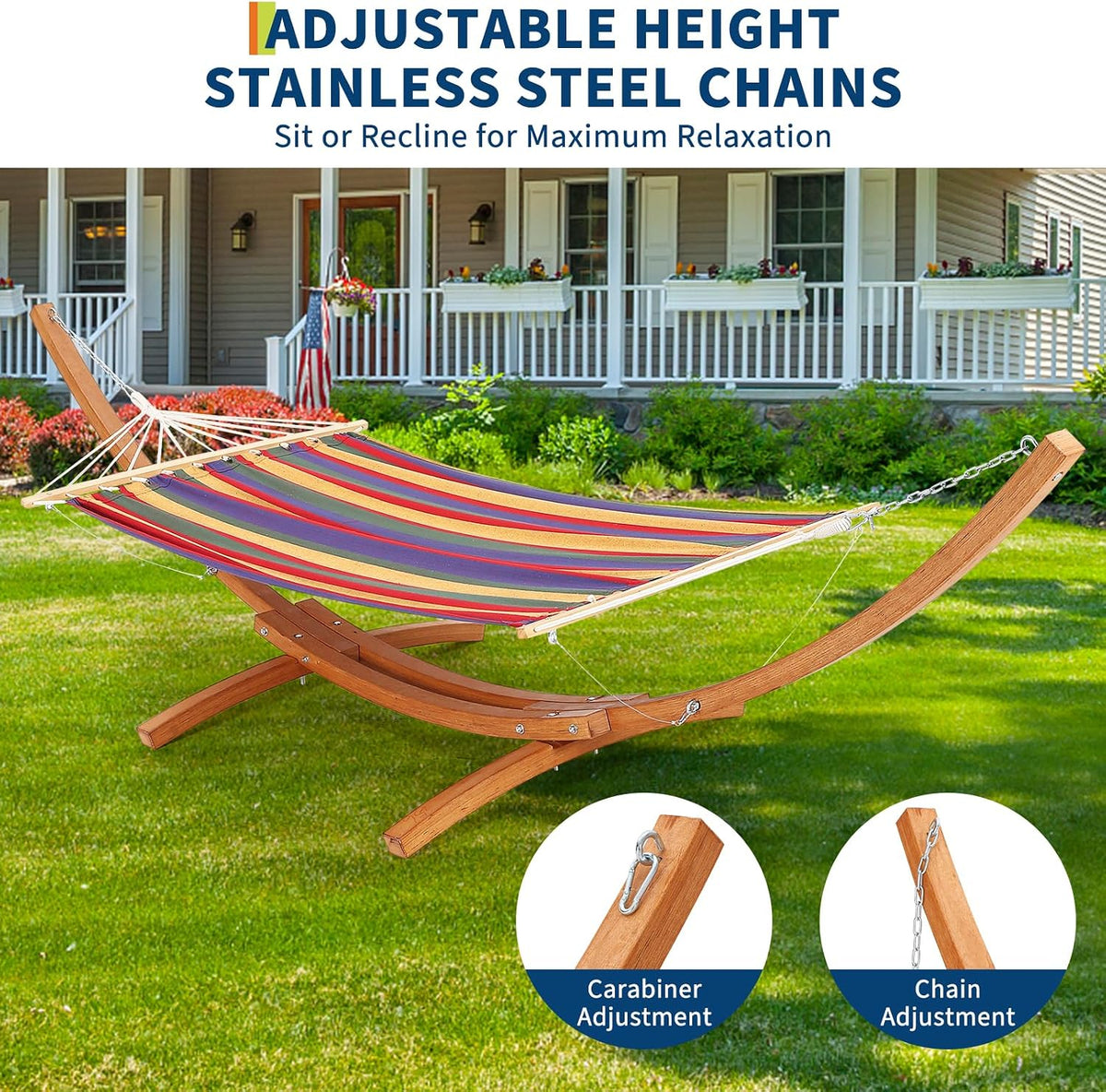 Striped hammock on curved wood stand set on green lawn showing adjustable stainless chains
