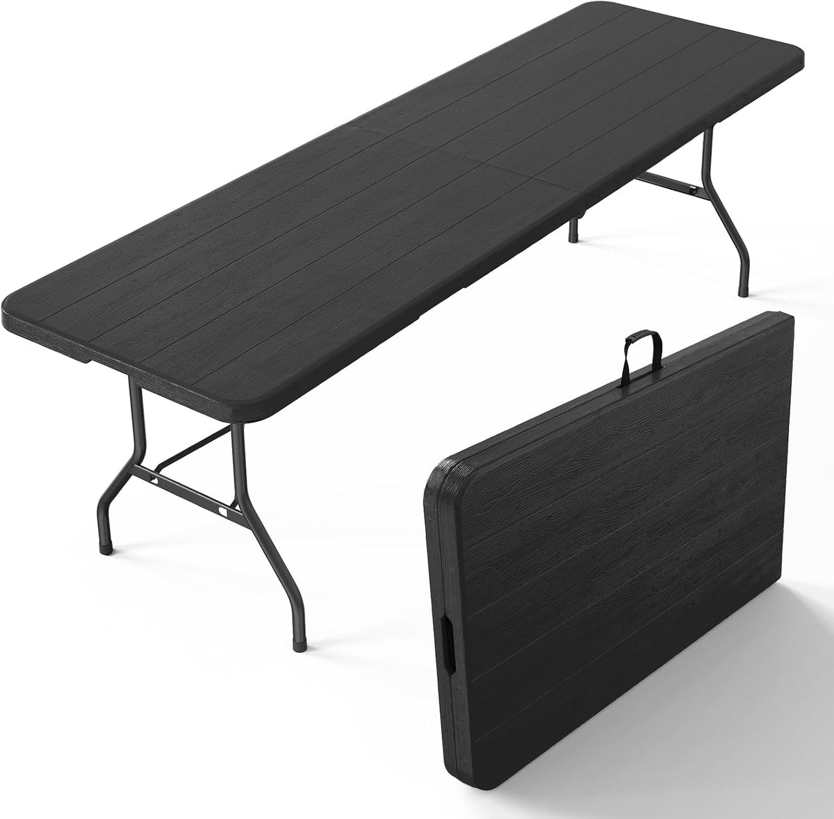 Black folding table with wood-grain texture shown open and its folded carry case propped up beside it