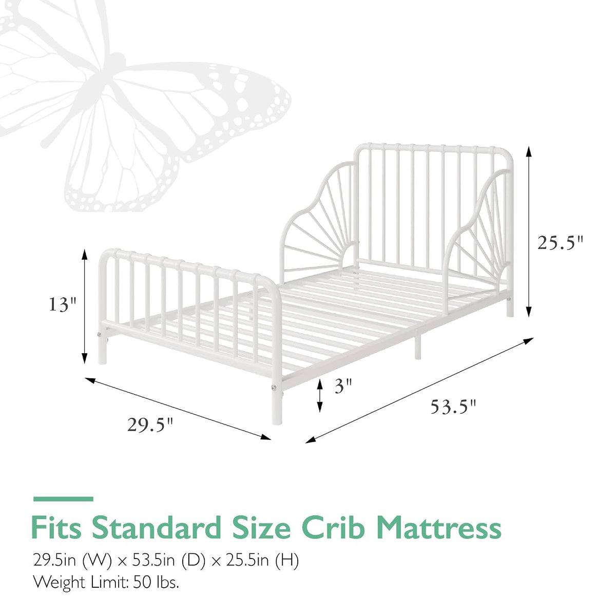 Line-drawn view of the toddler bed with arrows indicating height, width and depth dimensions.
