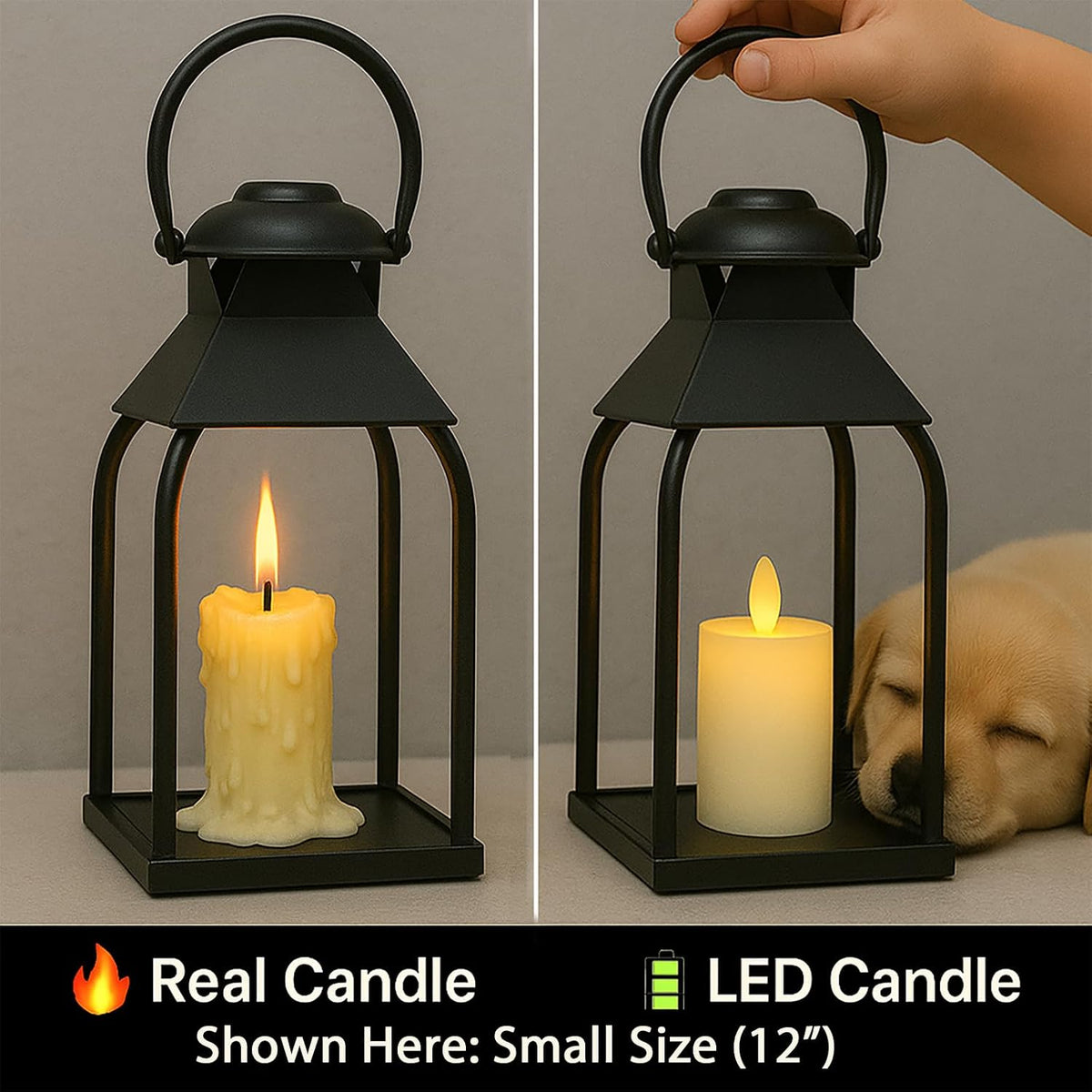 Close-up of black open-frame lantern showing top handle and real versus LED candle comparison