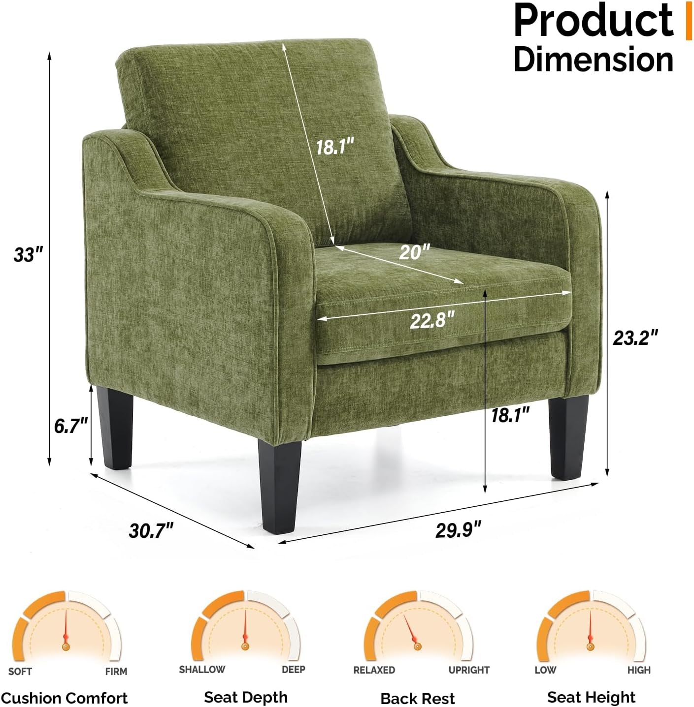 Front-angle product image with measurement arrows and comfort gauges overlaid