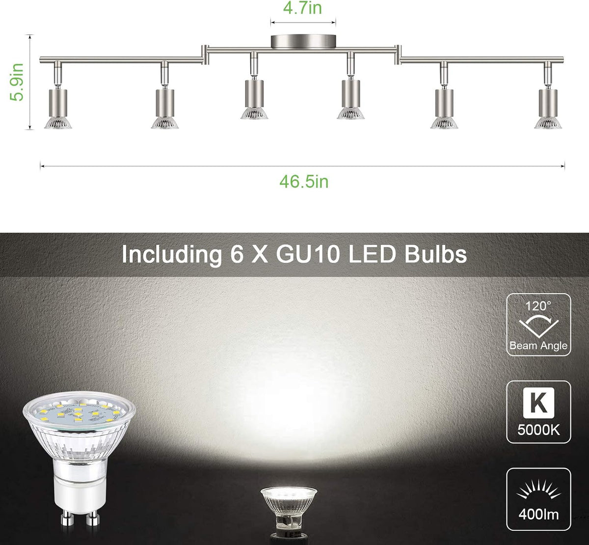 Close-up GU10 LED bulb and lit beam on a surface with brightness and color callouts