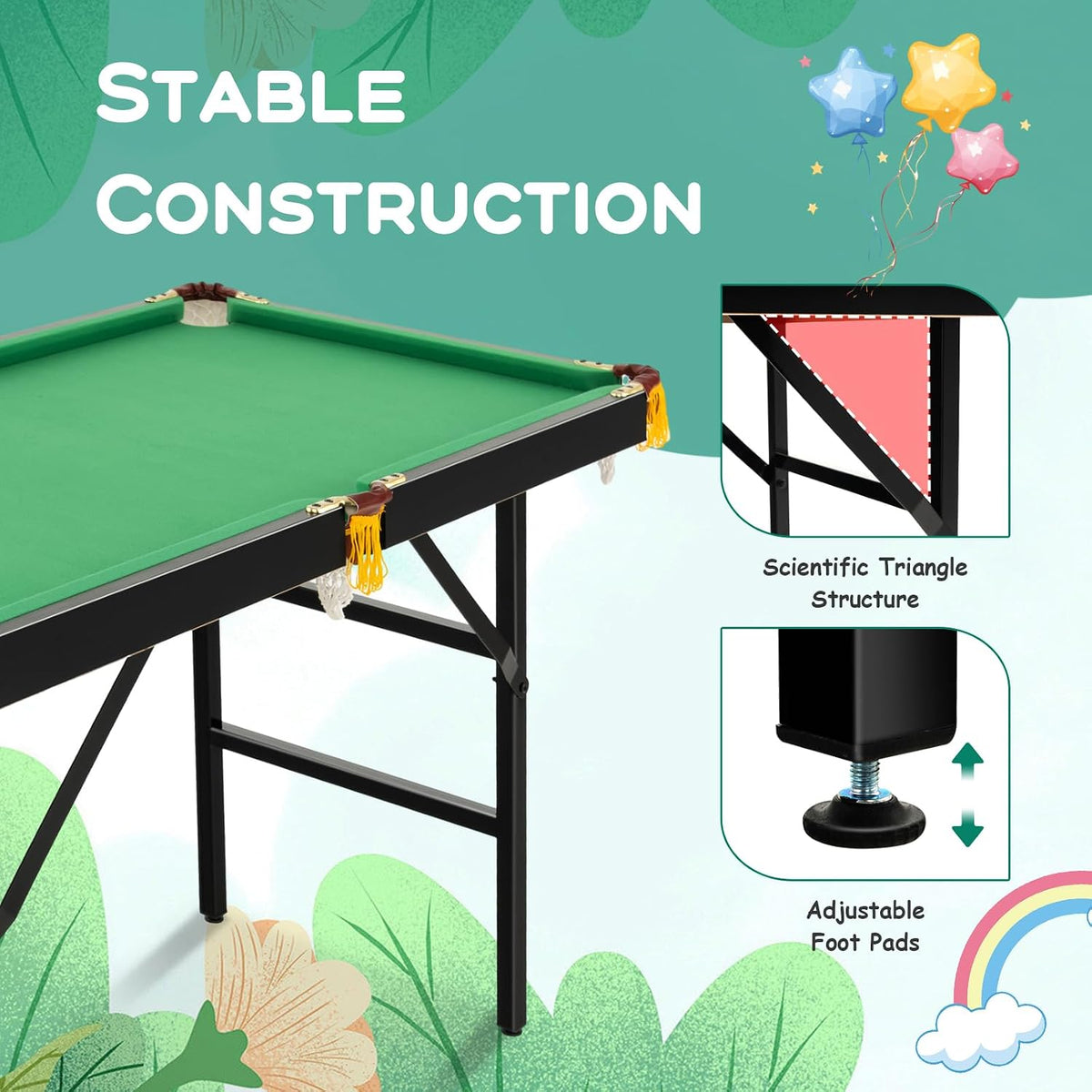 Side view of table edge and legs highlighting triangular support brace and adjustable foot pad