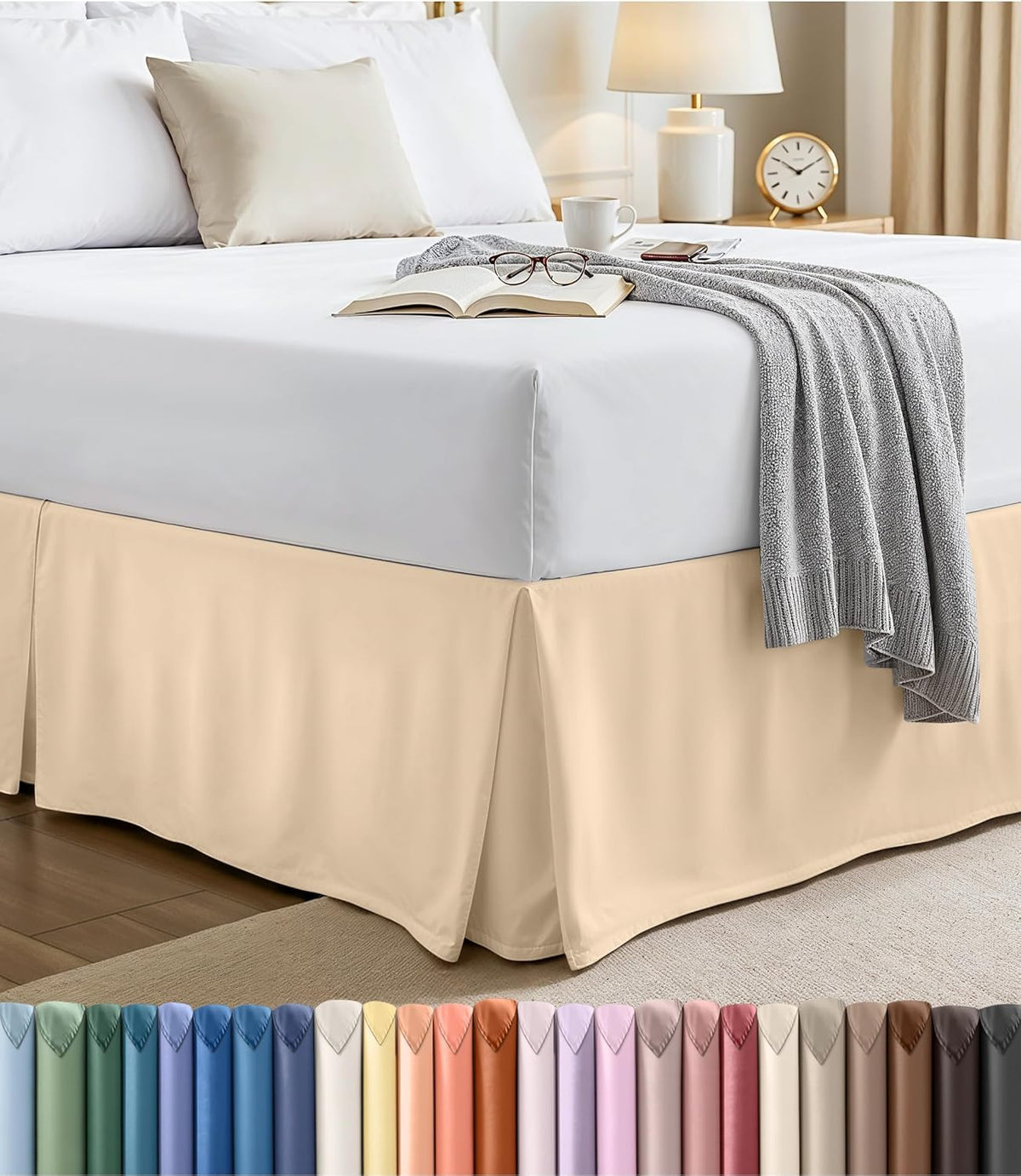 Queen bed with beige pleated bed skirt, white bedding and a gray throw, plus color swatches below