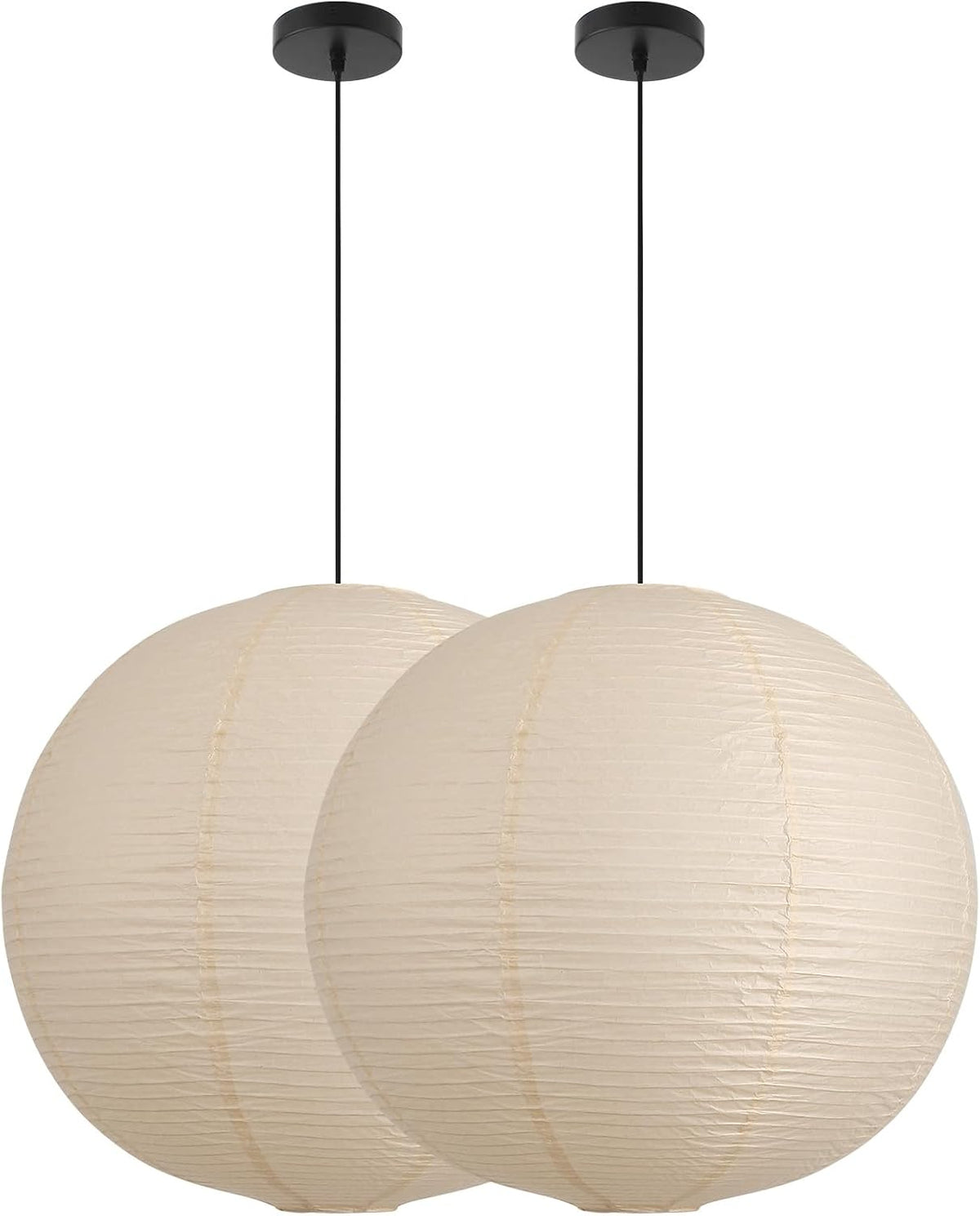 Two off-white paper globe pendants shown together with black ceiling canopies and cords