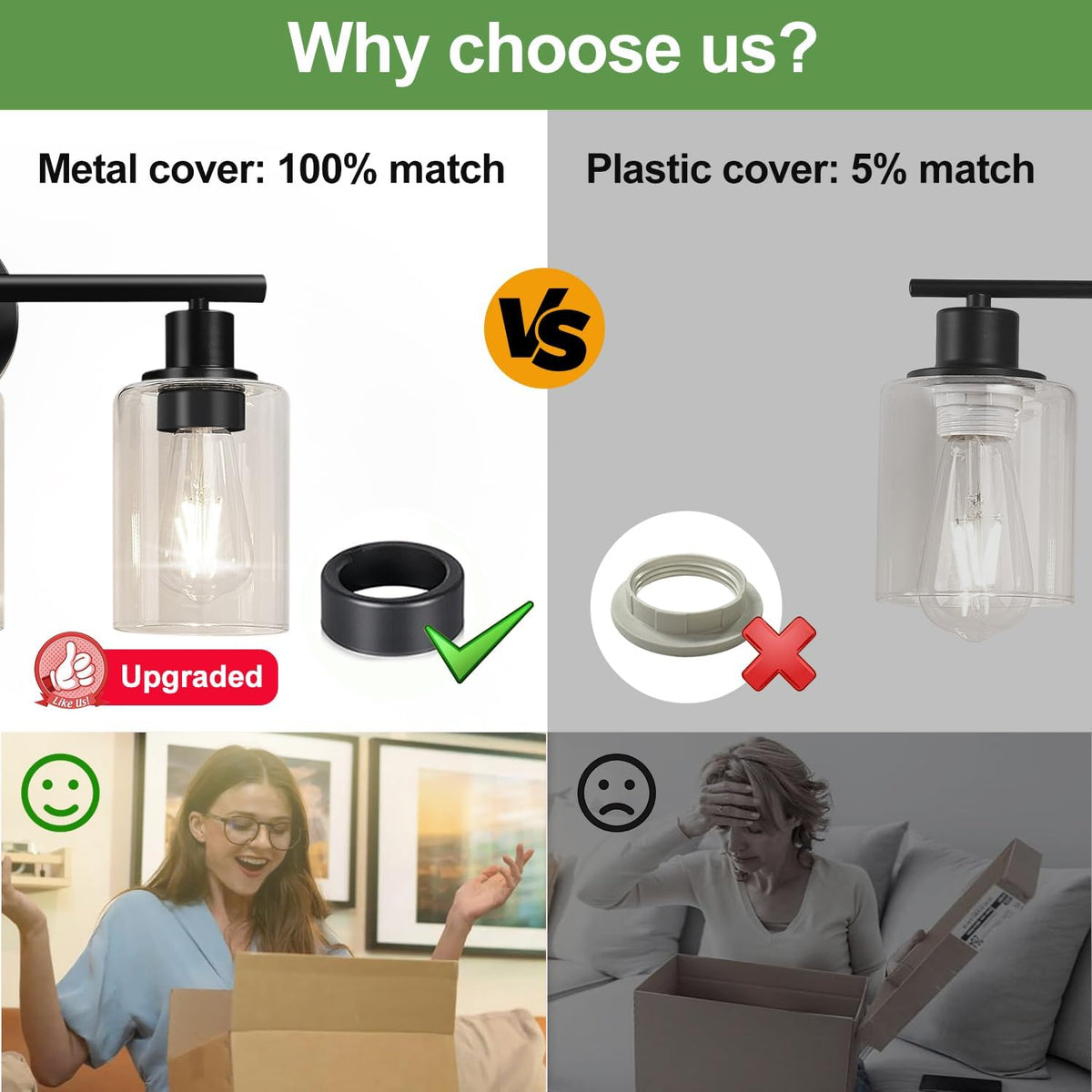 Split graphic comparing upgraded metal cover and plastic cover with check and X icons