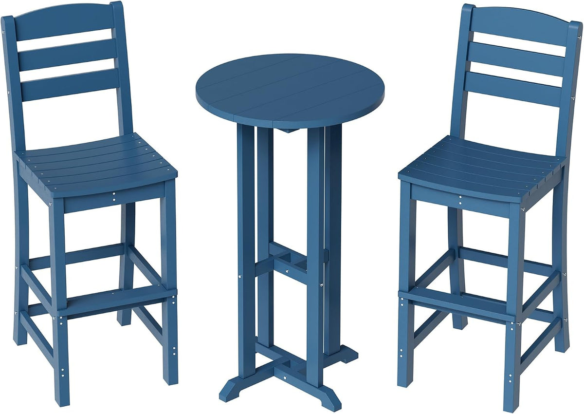 Bright blue round bistro table with two matching ladder-back bar chairs on a white background.