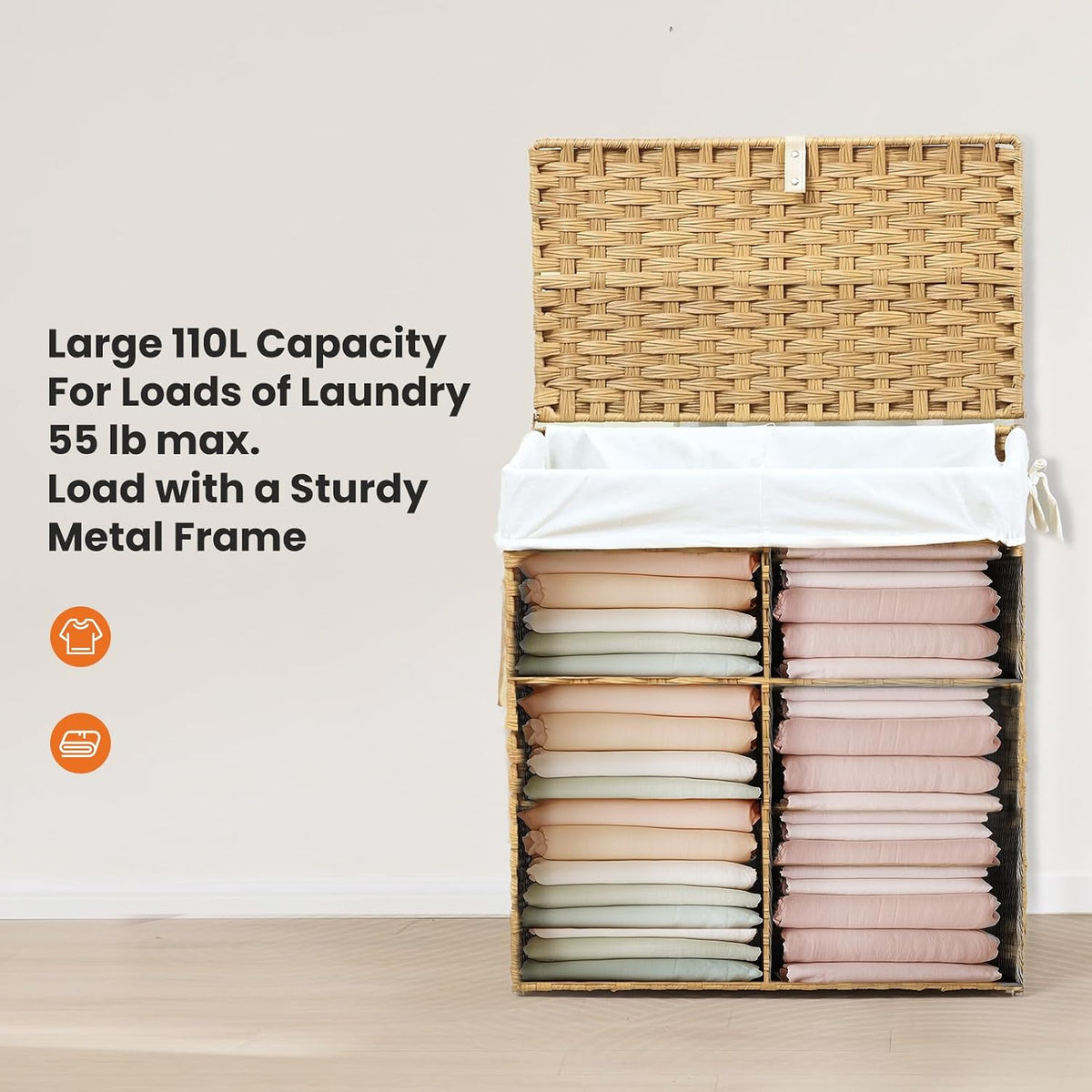 Open rattan hamper showing split interior compartments and removable white fabric liner