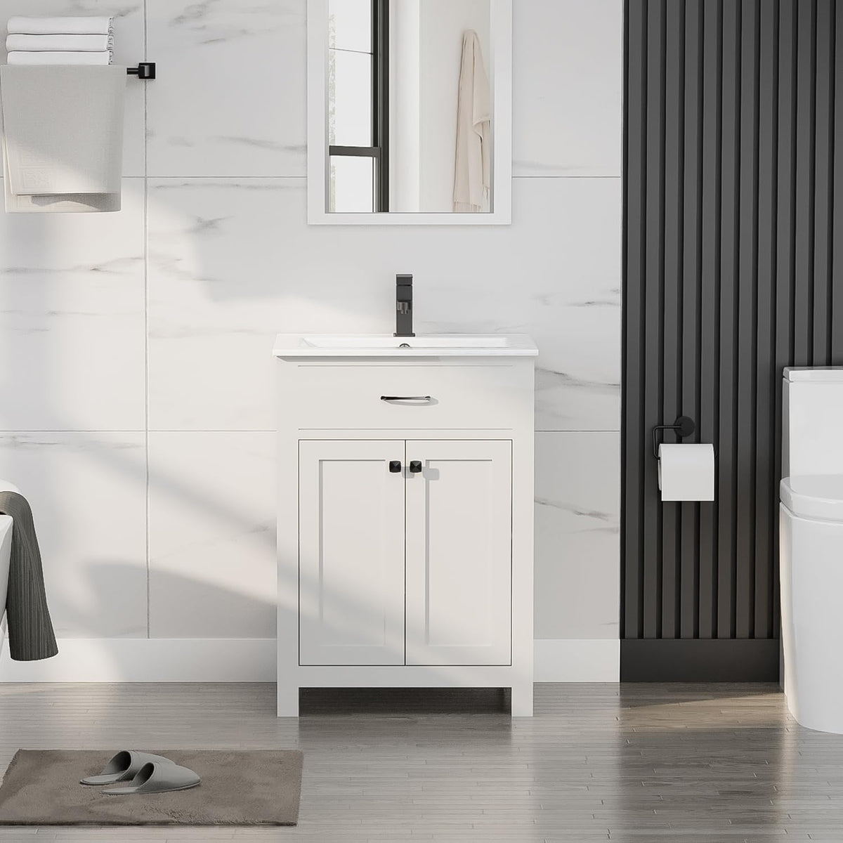 Front view of a narrow white bathroom vanity with single sink, mirror, and towel rack.
