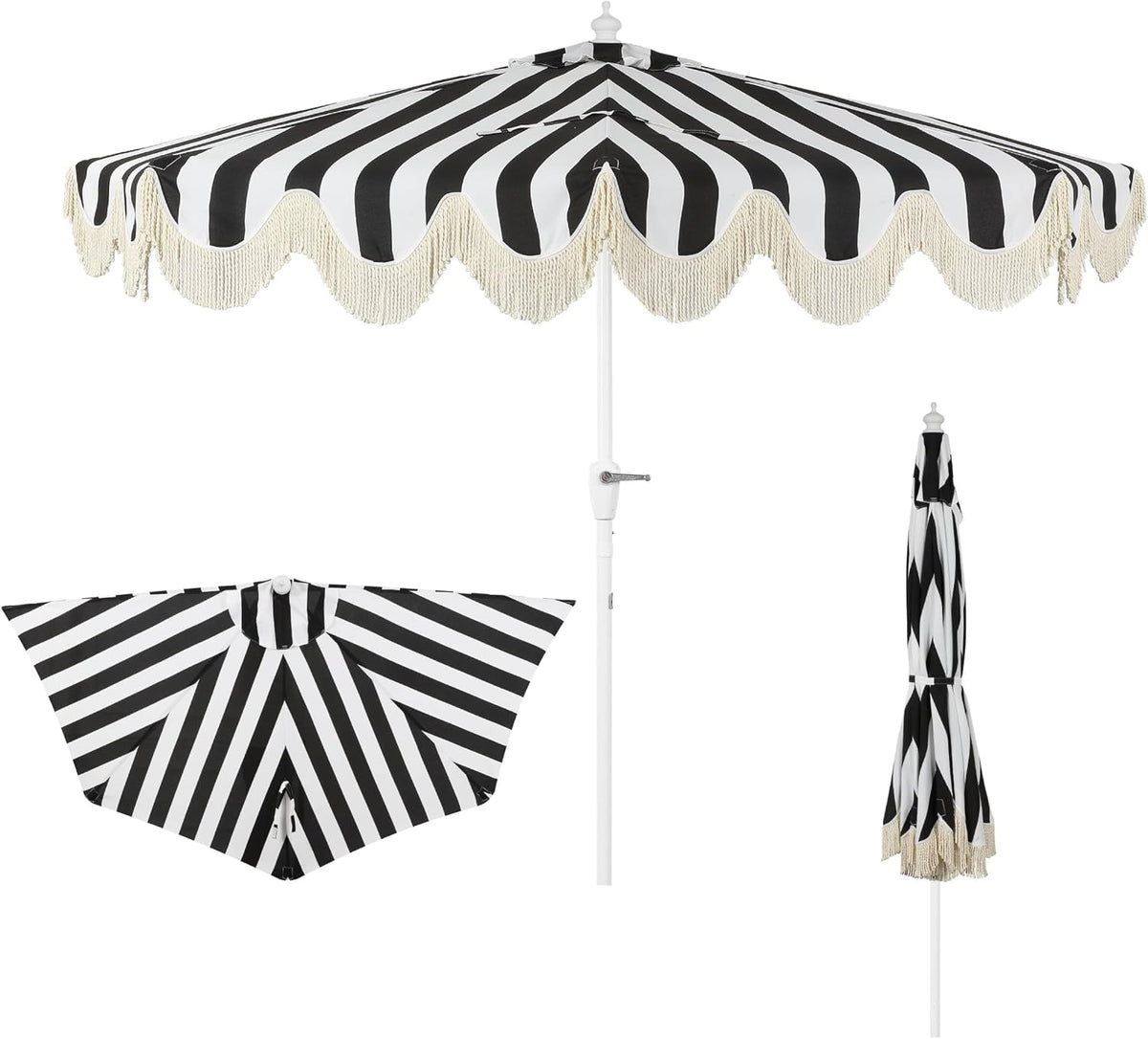 Front view of black-and-white striped scalloped umbrella with cream fringe and white pole; folded and underside insets