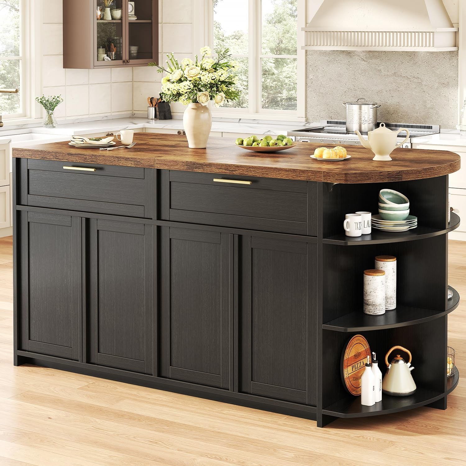 Front view of the island with a warm wood countertop, black shaker‑style base and curved open side shelves staged with