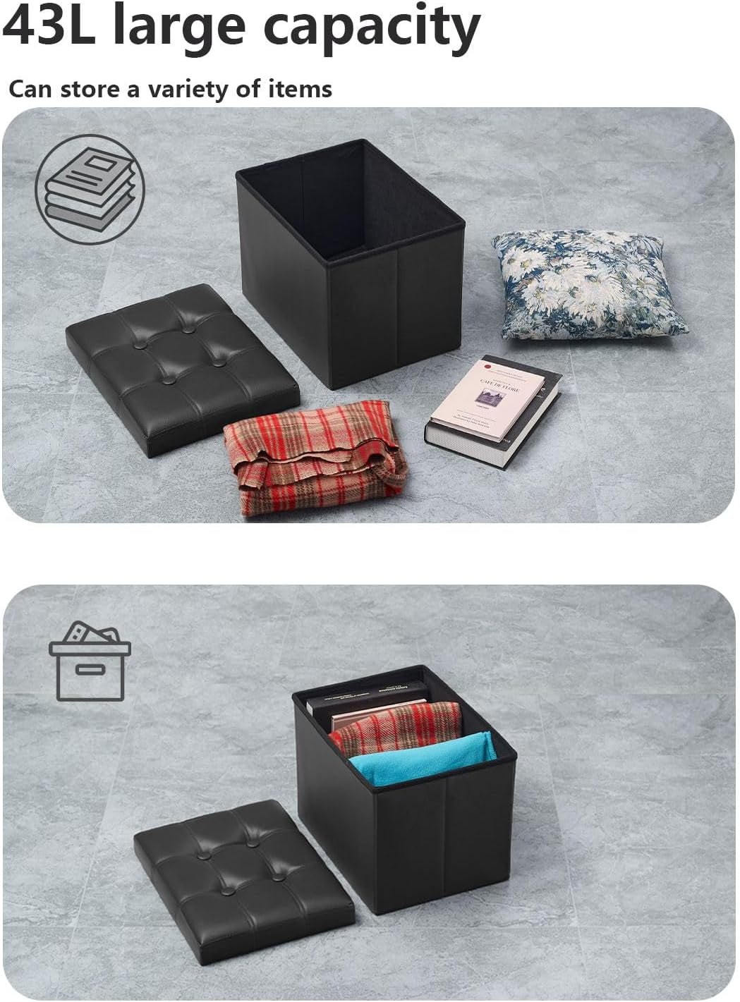 Open black foldable storage box and lid on floor with folded blanket, pillow and books beside and inside