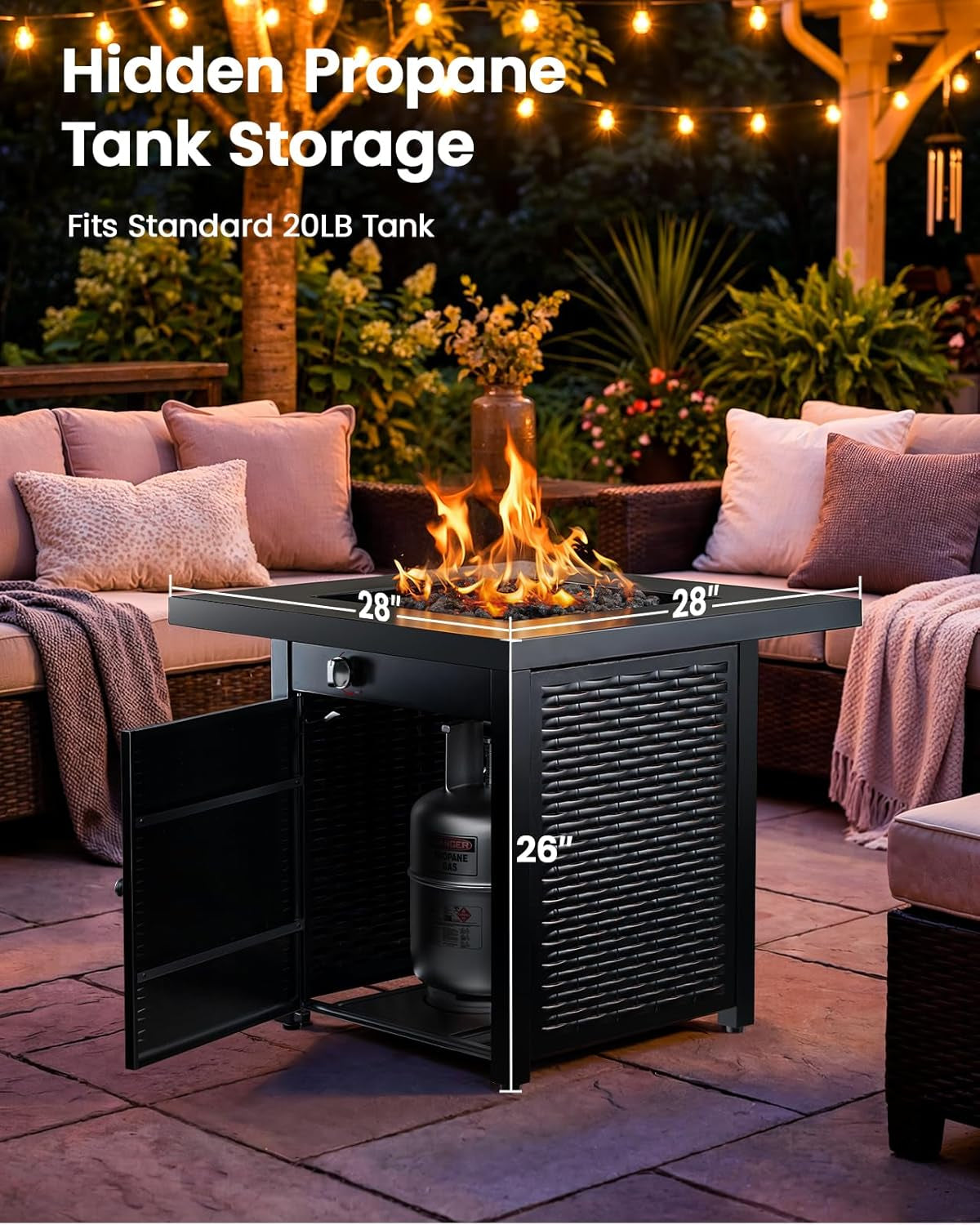 Black propane fire pit table with cabinet door open showing storage area and a propane tank under the tabletop