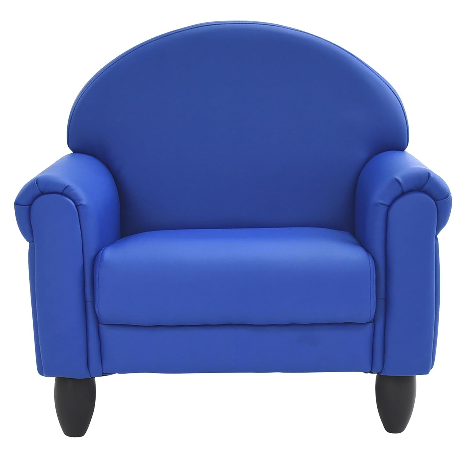 Front view of a bright blue kids armchair with rounded back and dark tapered legs.