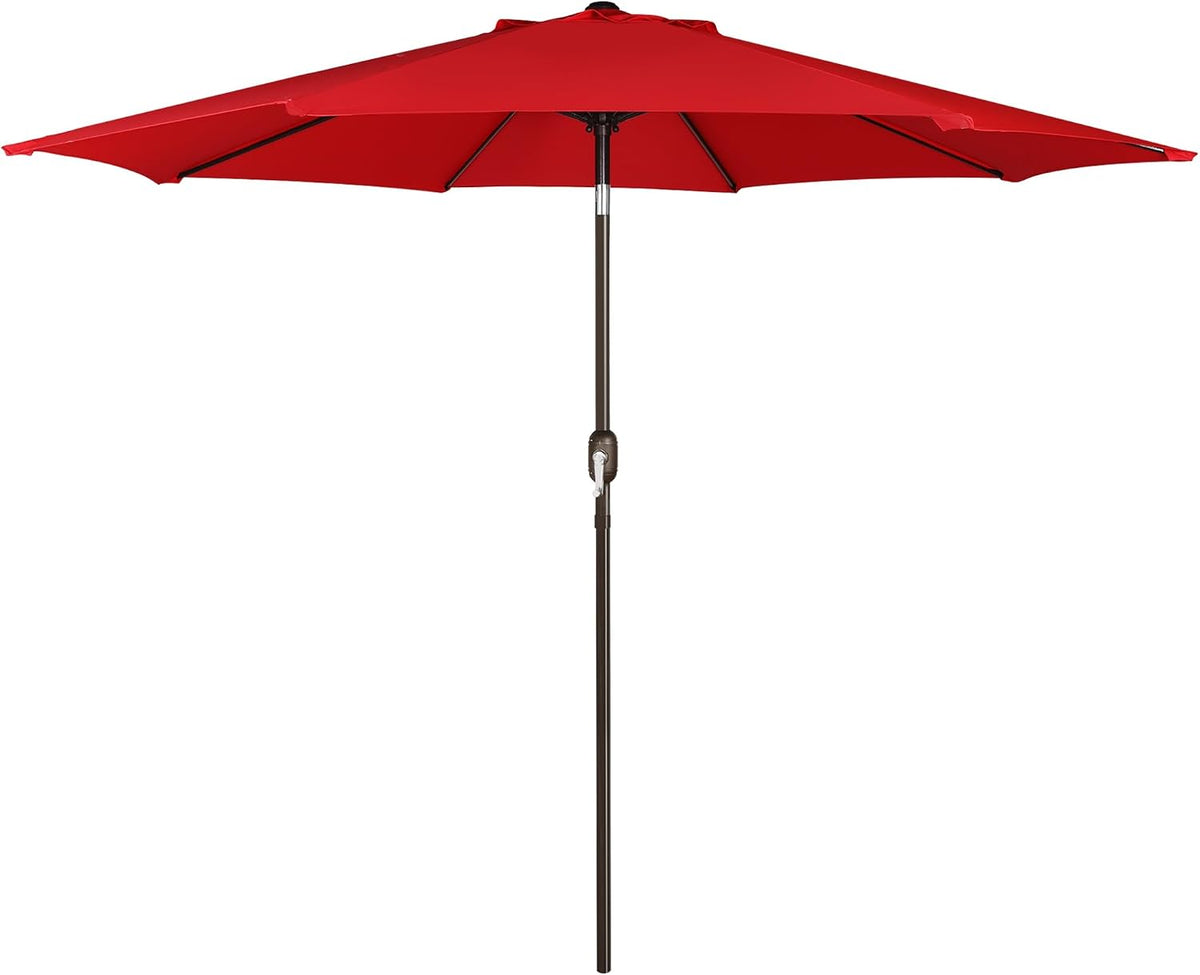 Bright red patio umbrella open with dark brown pole and crank handle