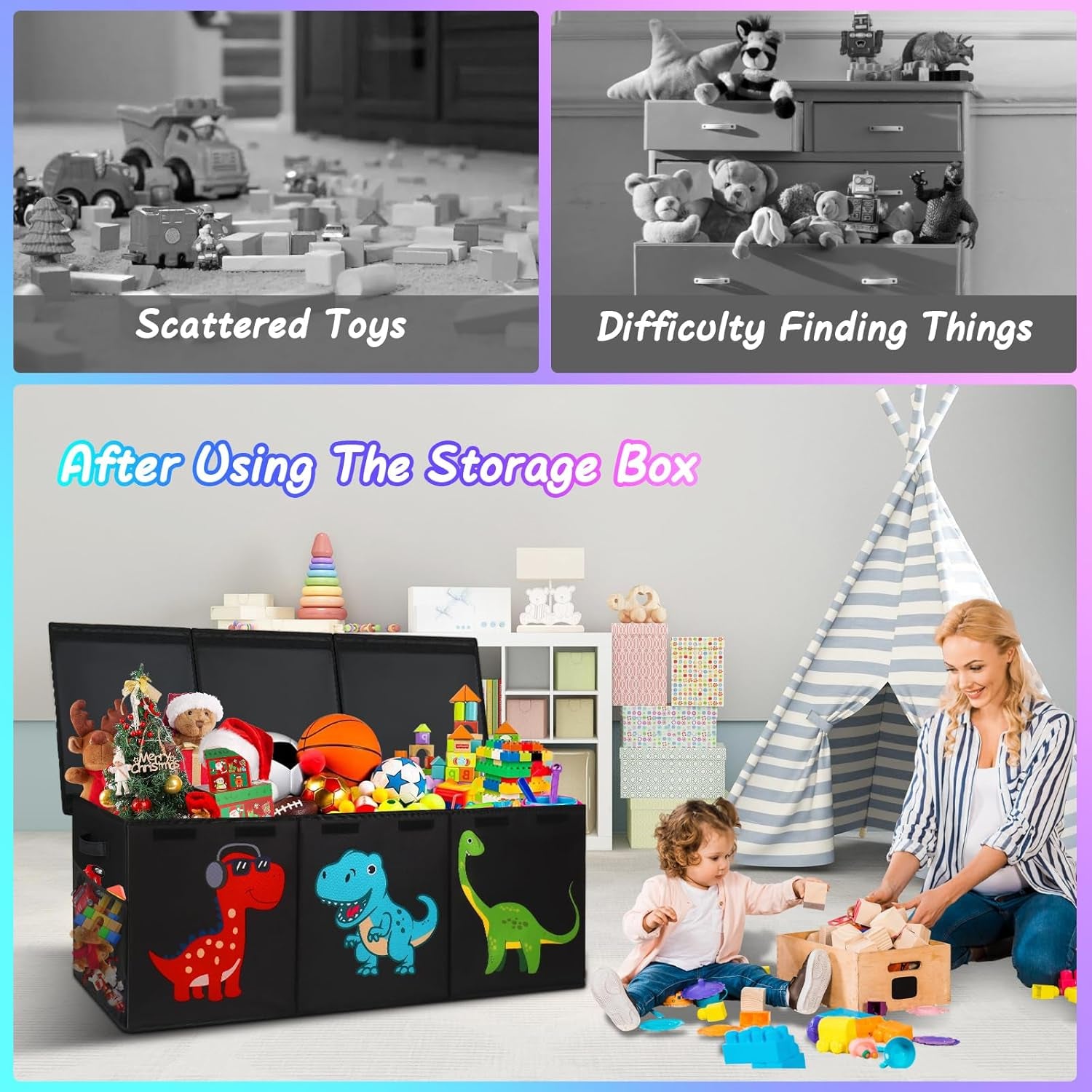 Before-and-after style graphic showing scattered toys in grayscale above and the organized toy box with child and parent