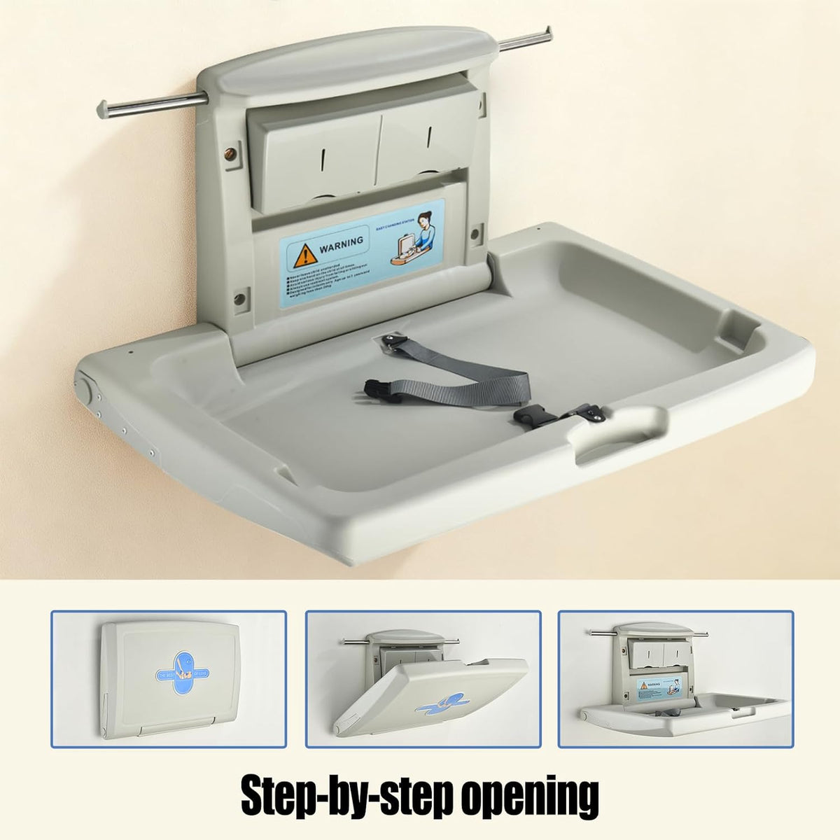 Main view of the open wall-mounted changing station with three small step-by-step thumbnails showing closed, mid-open, and