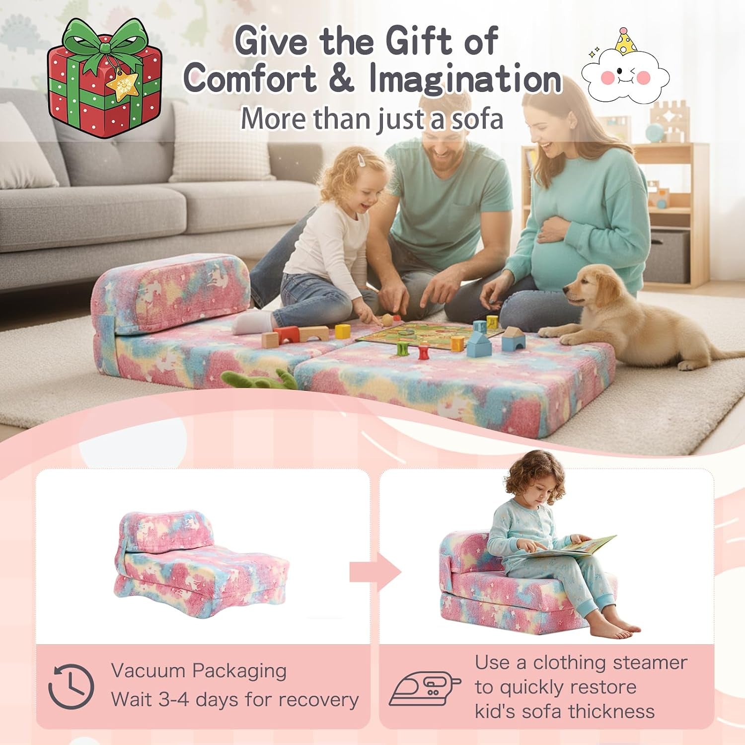 Family gathered around the unfolded pastel sofa with smaller product shots below showing folded sofa and a child seated
