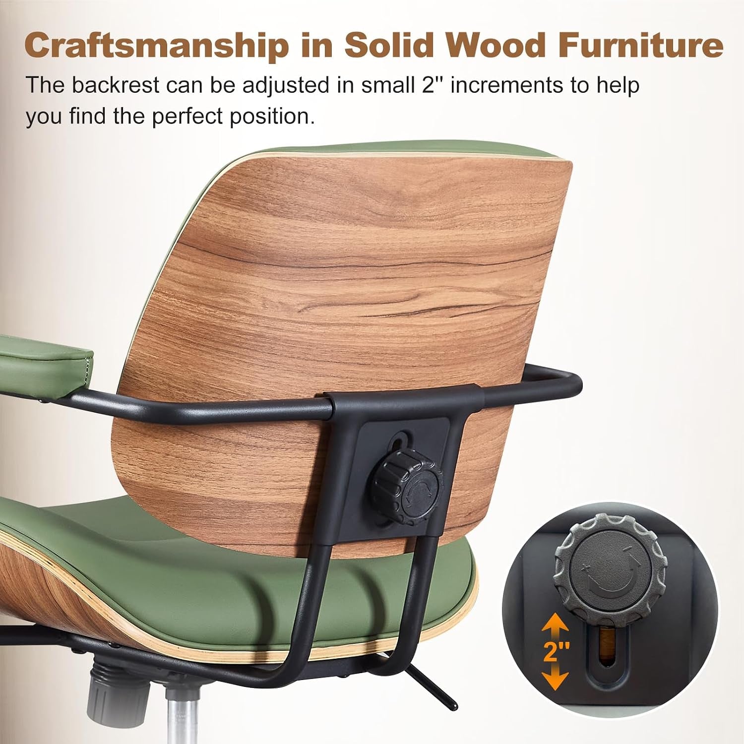 Close-up rear view showing the solid wood curved back and the adjustable backrest knob with a two-inch increment callout