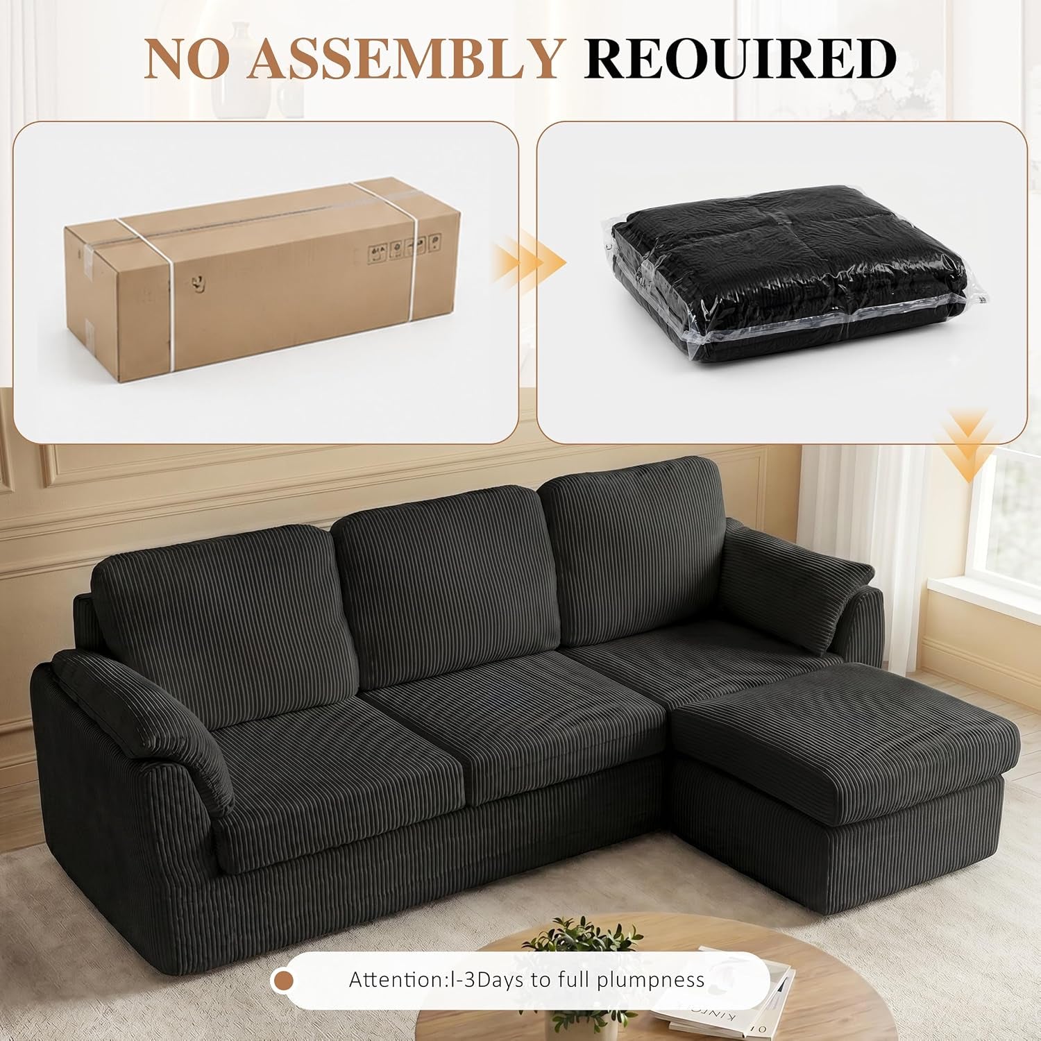 86" Boneless Couches for Living Room, L-Shaped Corduroy Cloud Couch, Modular Sectional Couch with Ottoman, Deep Seat Plush Foam Sofa, No Assembly Required, Black
