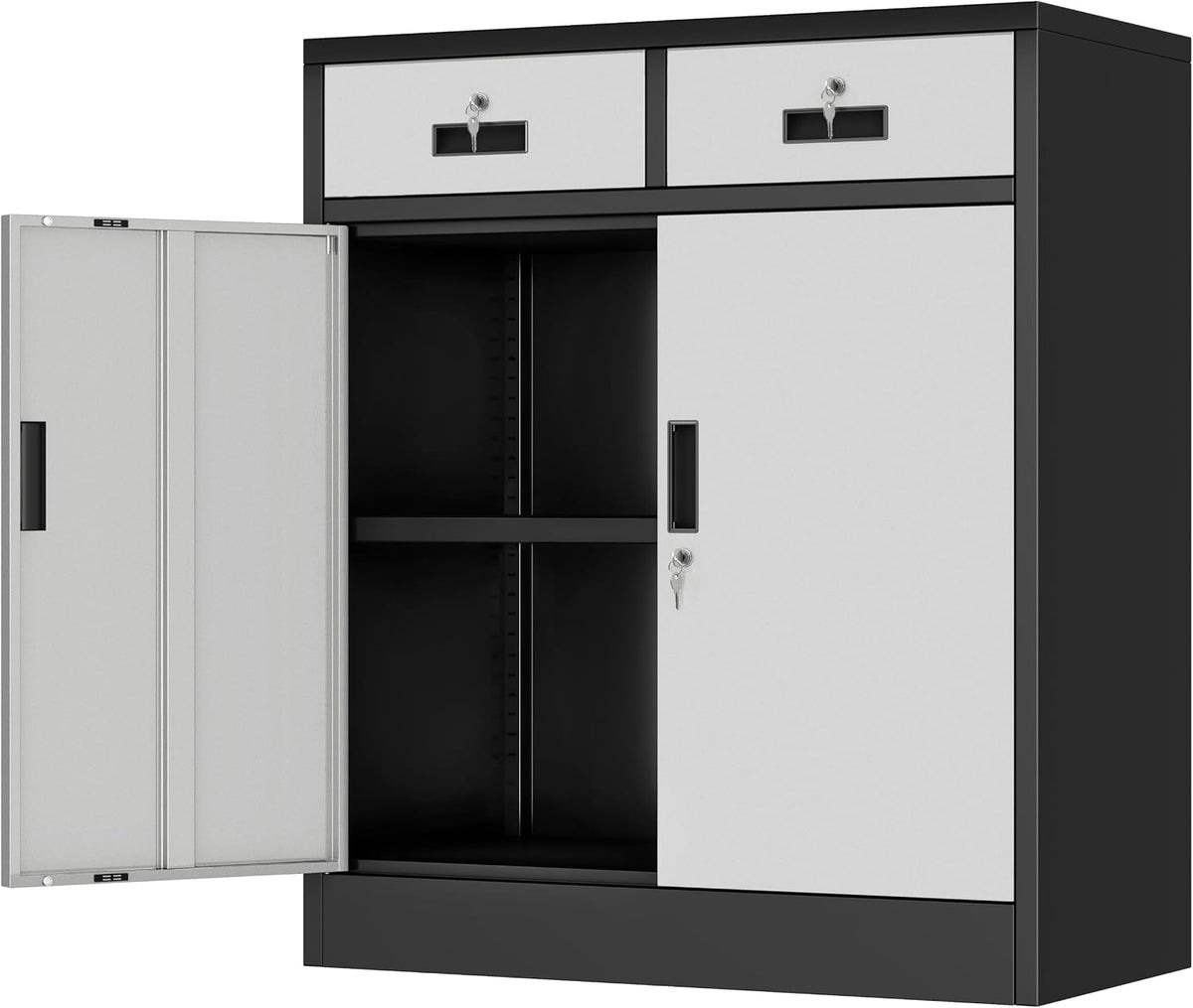 Black-framed cabinet with one white door open showing an adjustable shelf inside