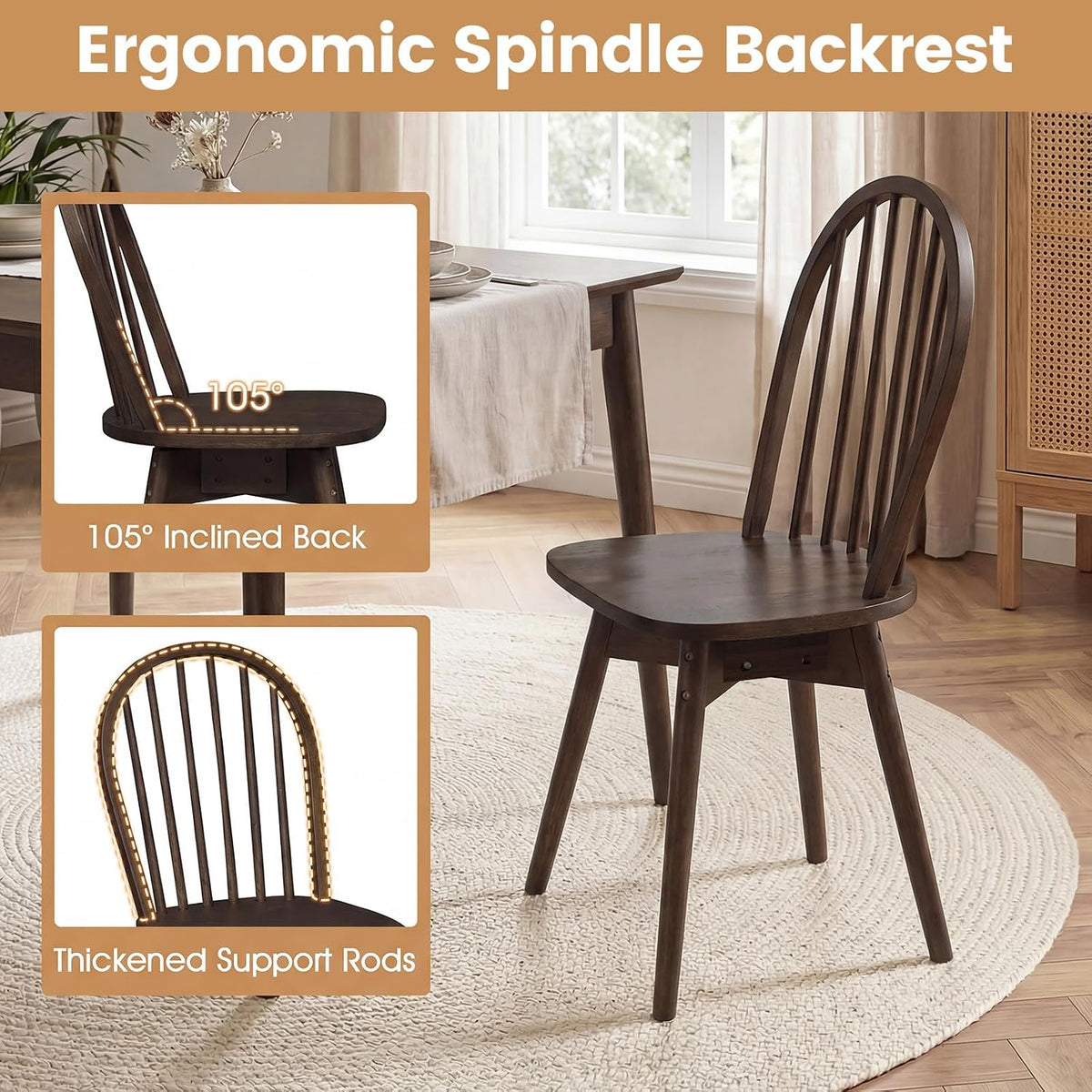 Walnut Windsor chair side view showing the inclined 105° spindle back, support rods and rounded seat edge