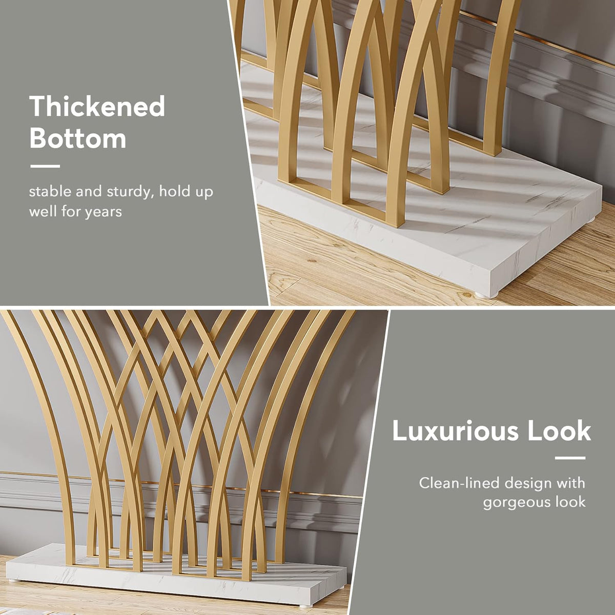 Detail collage showing the thick faux-marble base and intersecting gold arched metal supports from low angles.