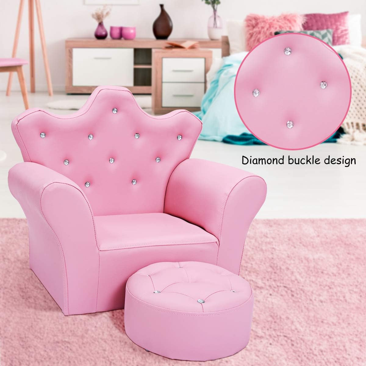 Pink princess-style kids armchair and round ottoman on a pink rug with a cozy bedroom background.